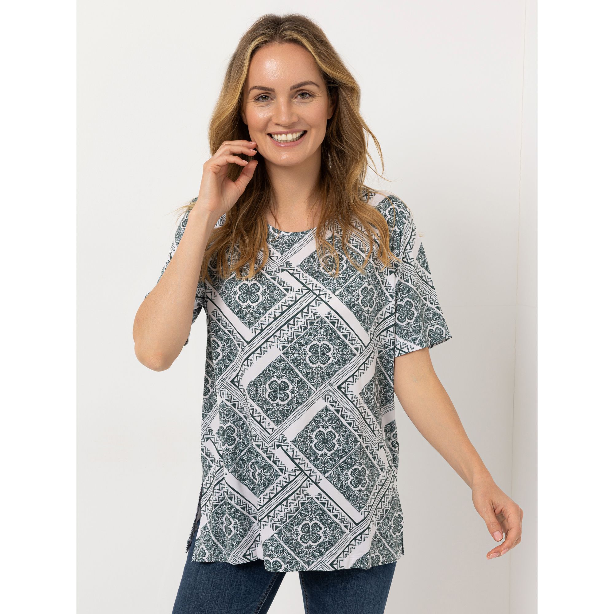 IN-PRINT Shirt-1/2 Arm Rundhalsausschnitt Seitenschlitze Allover-Druck