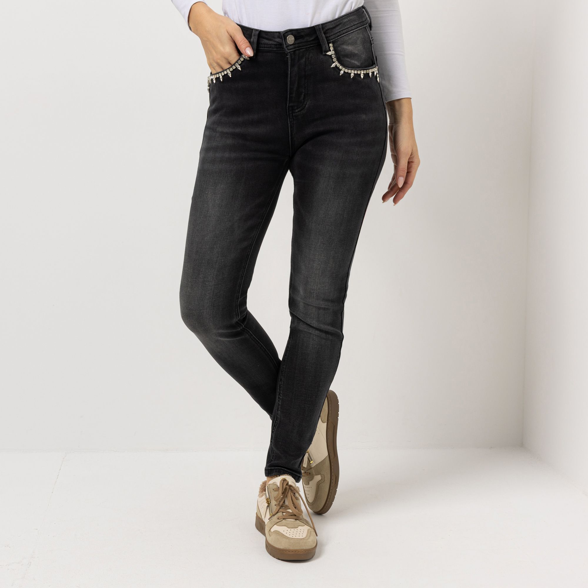 VIA MILANO Jeans, knöchellang 5-Pocket-Style Schmuck-Details schmales Bein