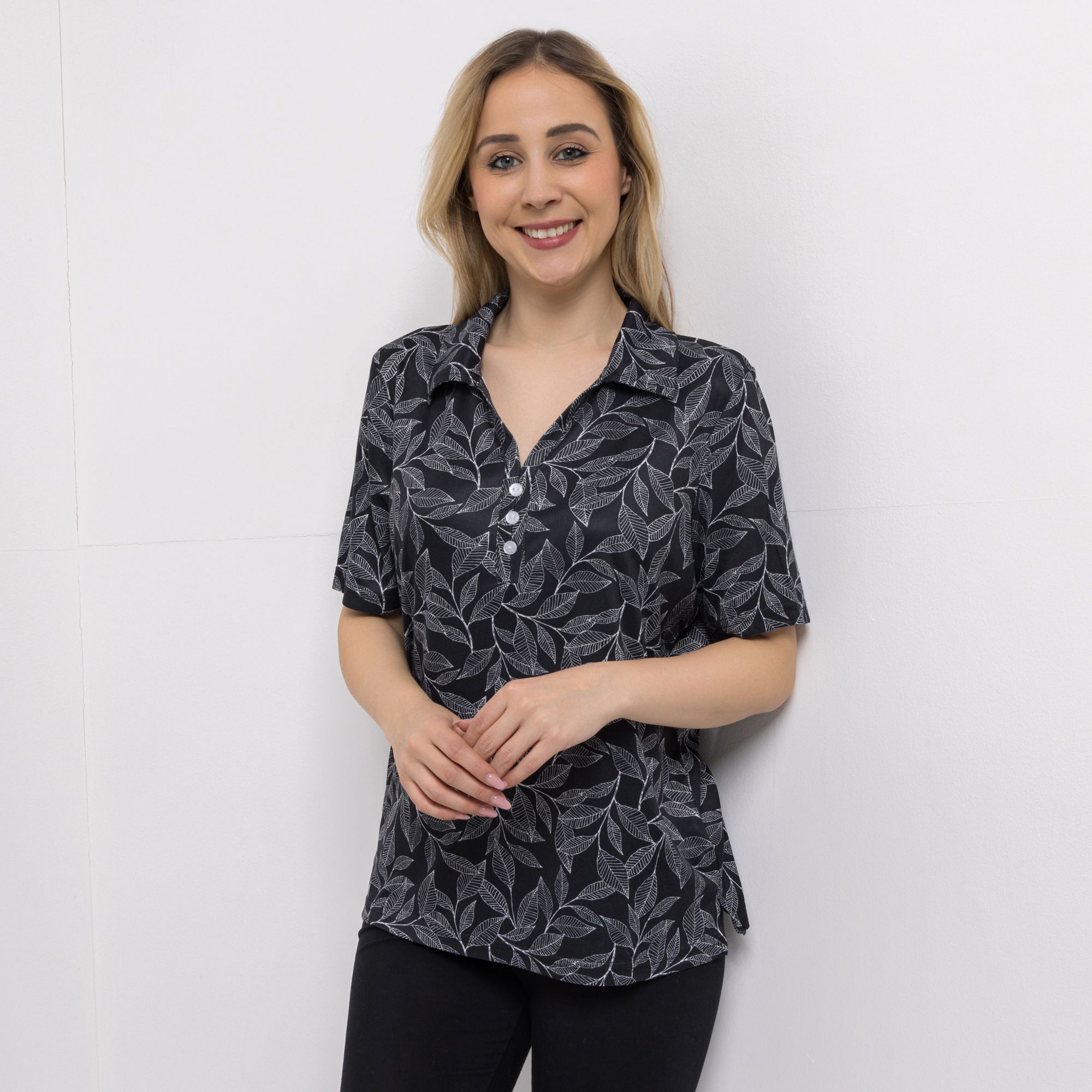 JERYMOOD HOMEWEAR Poloshirt, 1/2-Arm Mikrofaser Seitenschlitzen Zierknopfleiste