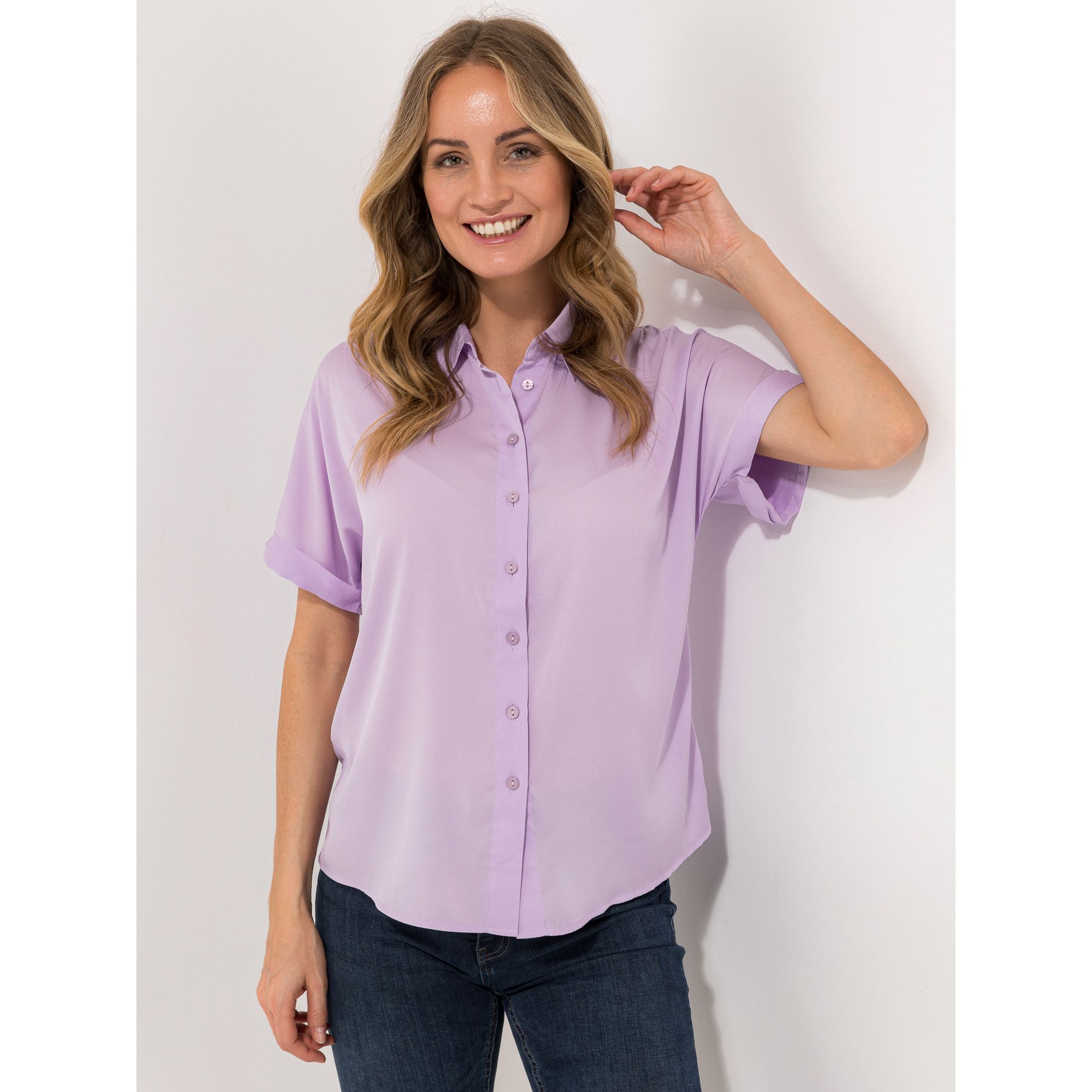 VIA MILANO Blusenshirt, 1/2-Arm Kragen Knopfleiste Materialmix