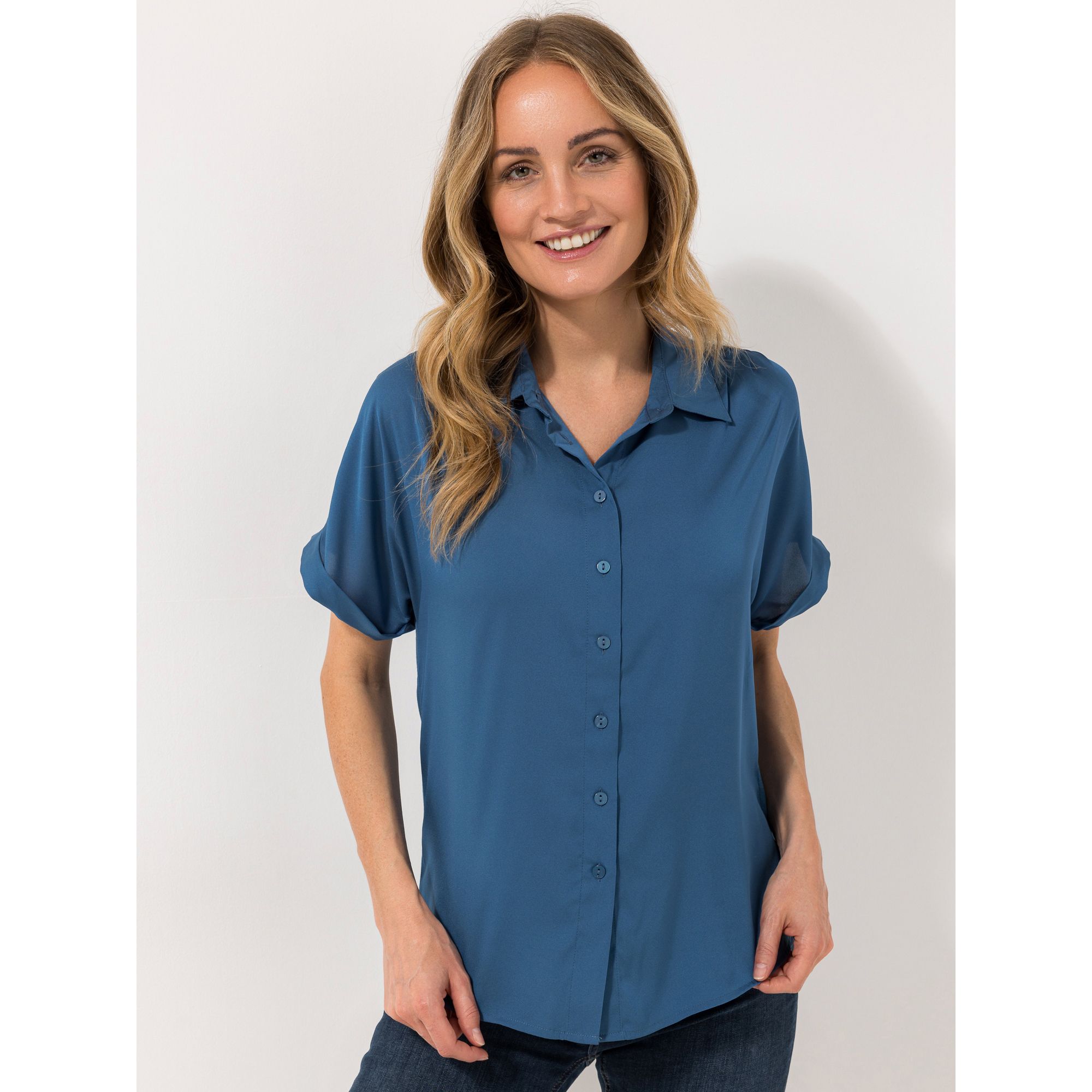 VIA MILANO Blusenshirt, 1/2-Arm Kragen Knopfleiste Materialmix