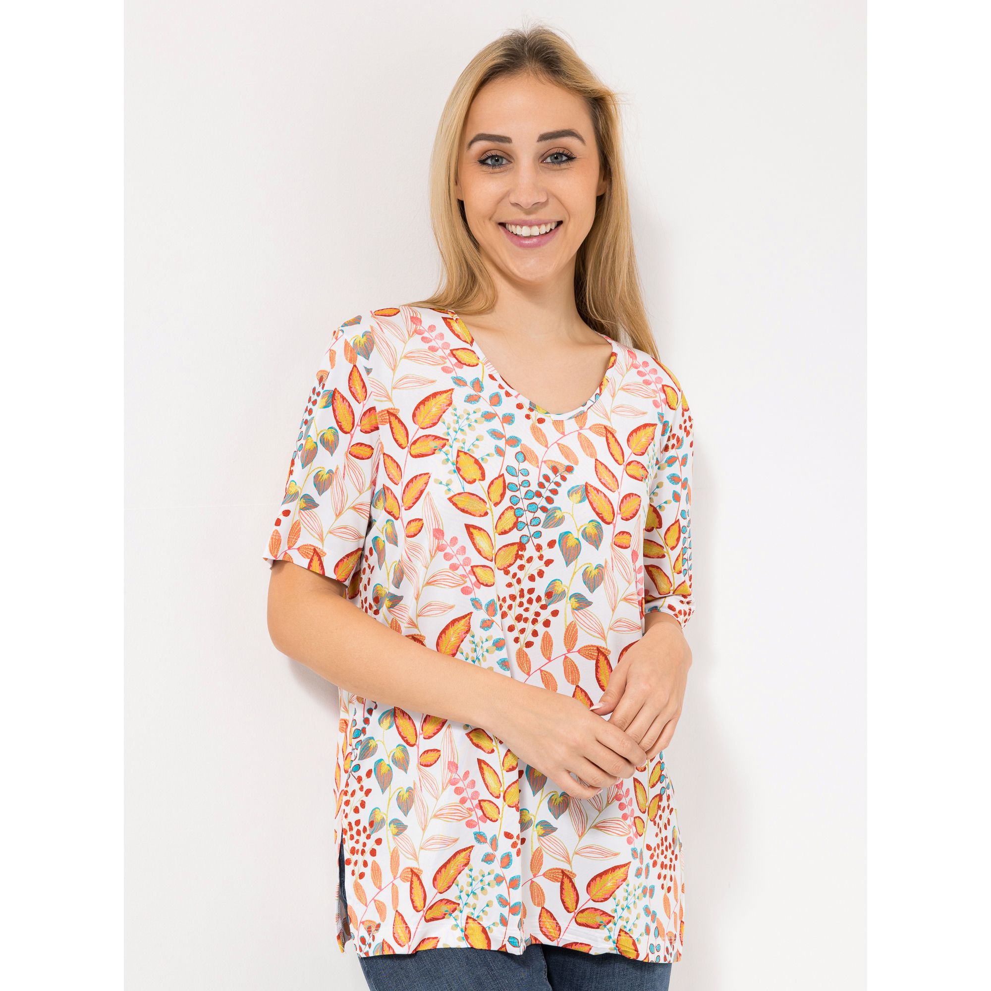 IN-PRINT Shirt, 1/2-Arm V-Ausschnitt Seitenschlitze leger-weit