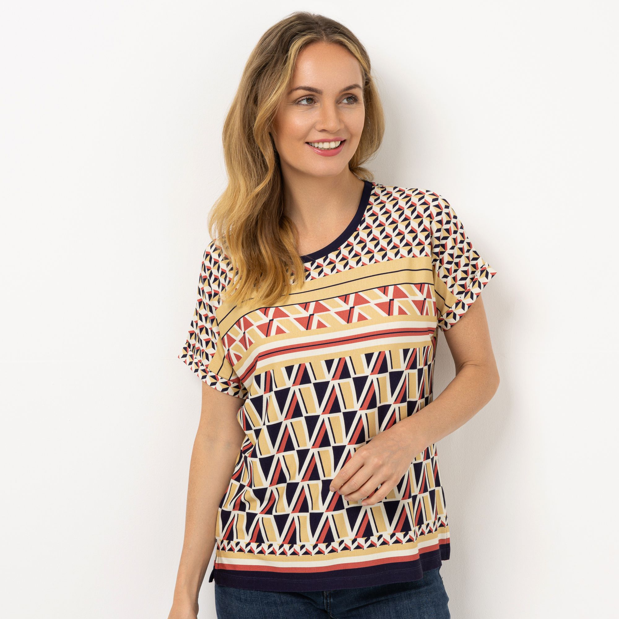 DENIM & CO. Shirt, 1/2-Arm Rundhalsausschnitt Seitennahtschlitze Allover-Druck