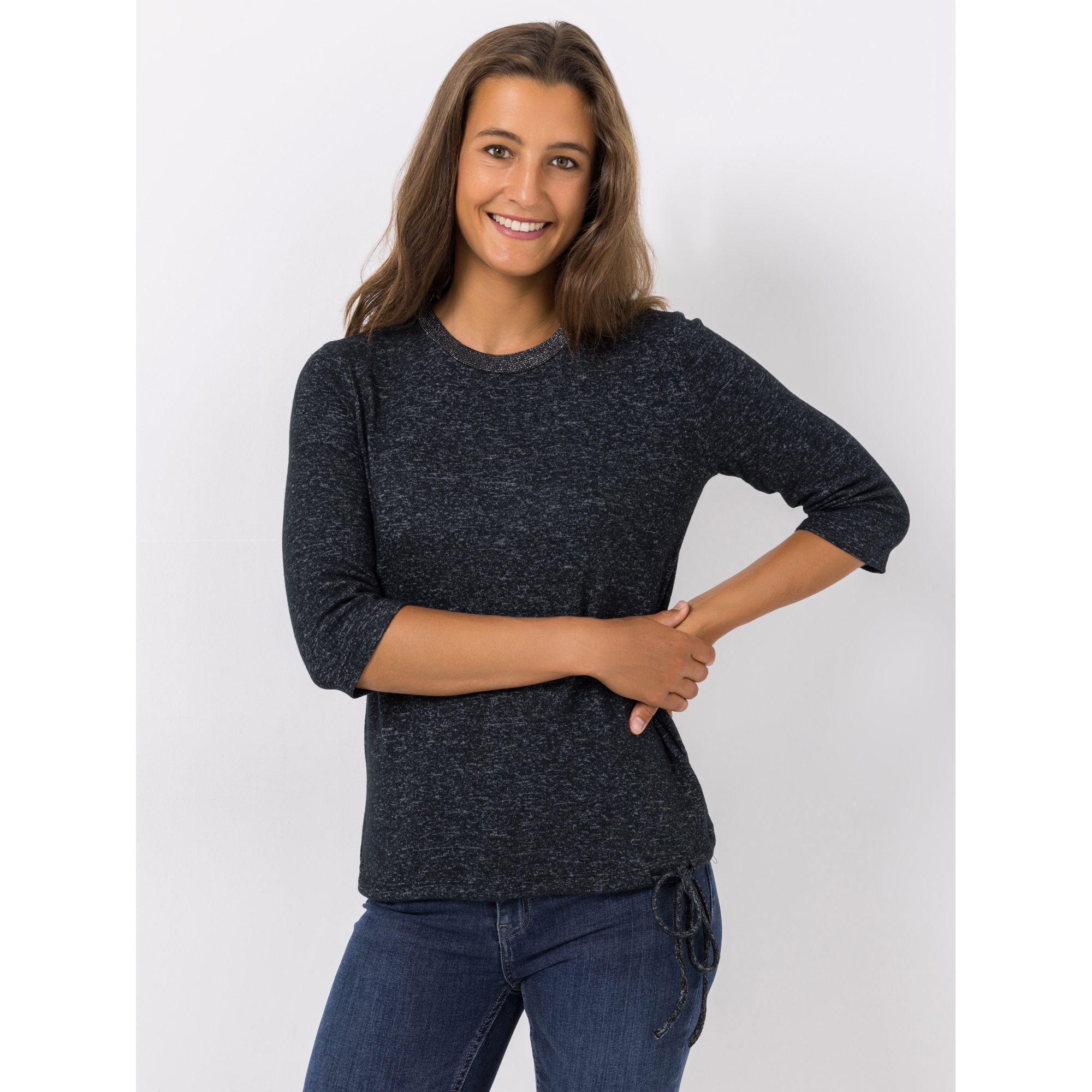 VIA MILANO Shirt, 3/4-Arm Rundhalsausschnitt Bindeband, Glanzgarn figurumspielend