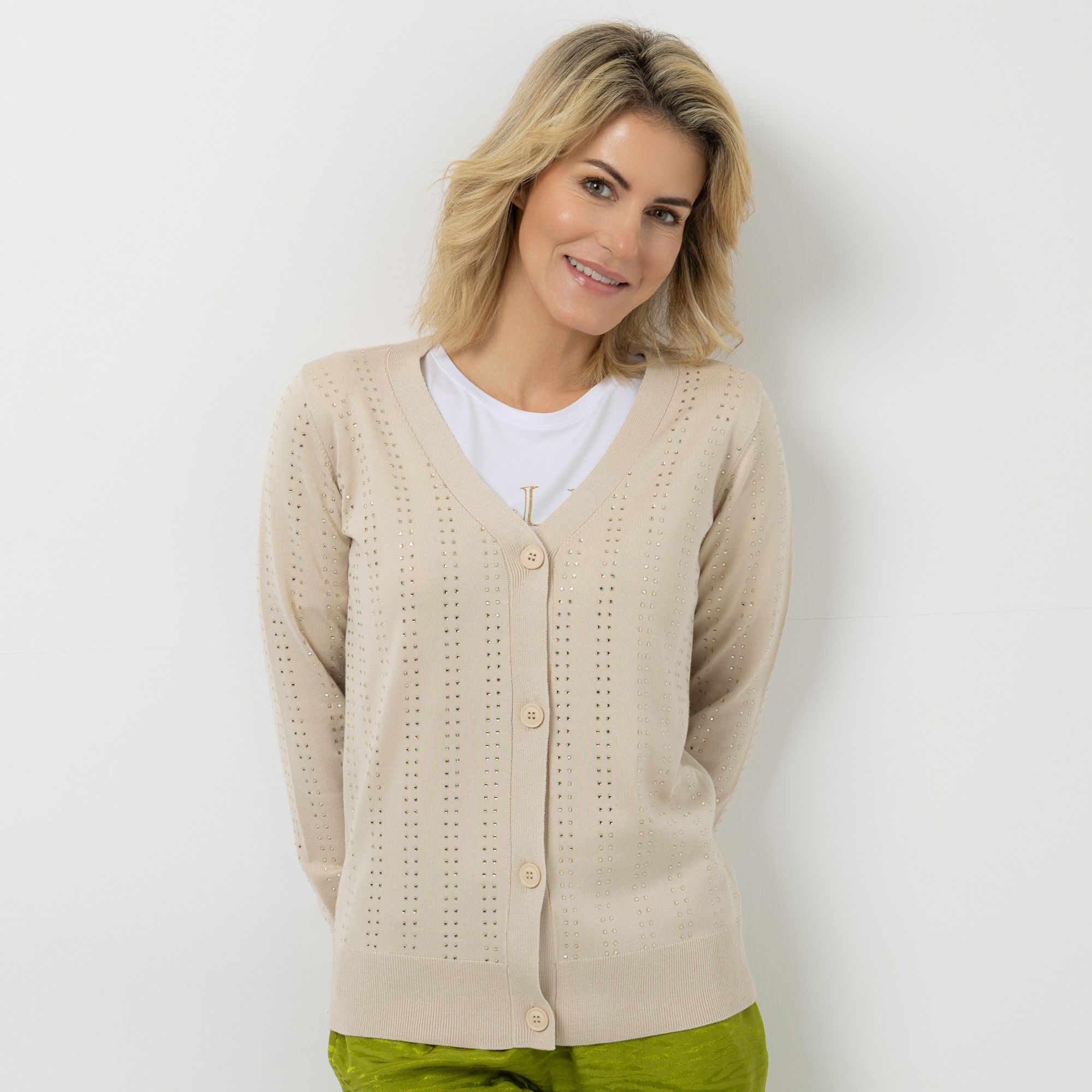 VIA MILANO Cardigan, 1/1-Arm V-Ausschnitt Strassstein-Details figurumspielend