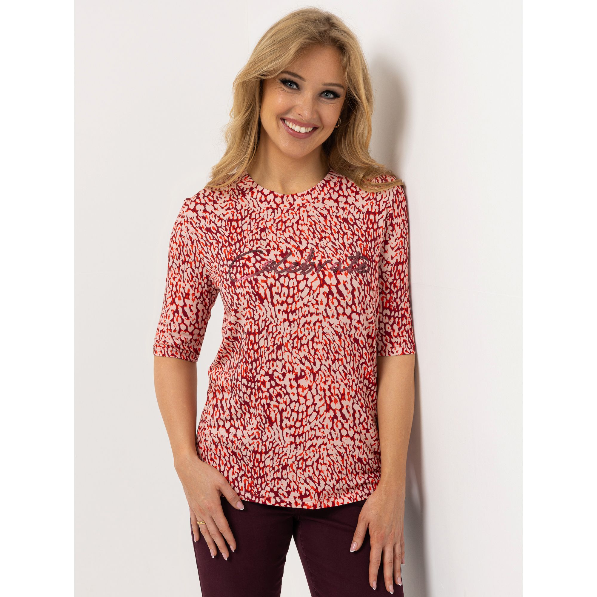 AMINATI® Shirt, 1/2-Arm Rundhalsausschnitt Allover-Druck Pailletten-Verzierung