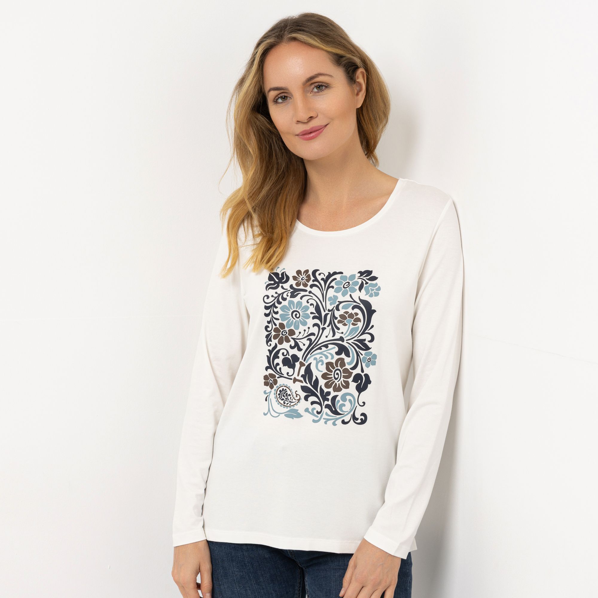 DENIM & CO. Shirt Rundhalsausschnitt Seitennahtschlitze platzierter Druck