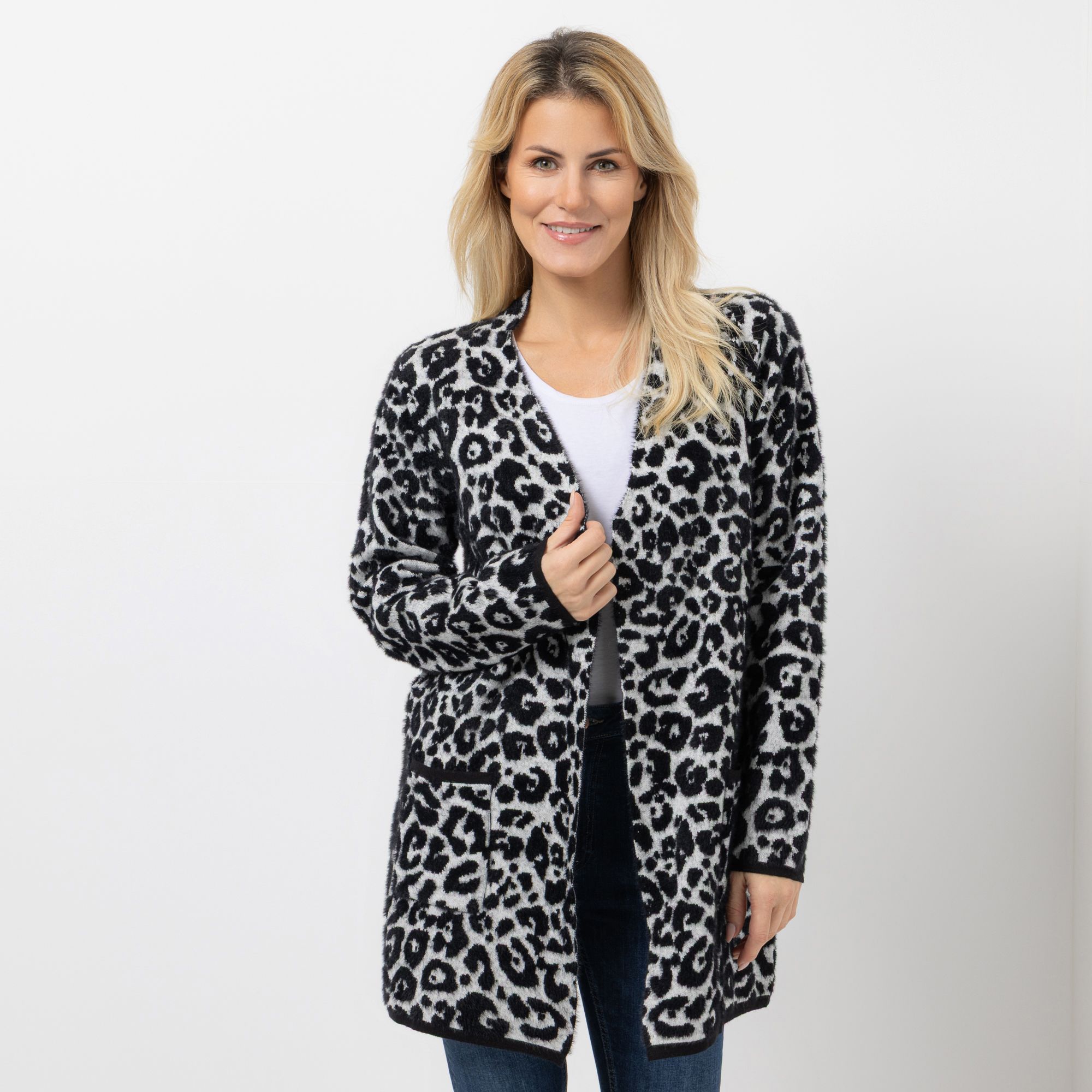 VIA MILANO Strickjacke, 1/1-Arm offene Front V-Ausschnitt figurumspielend