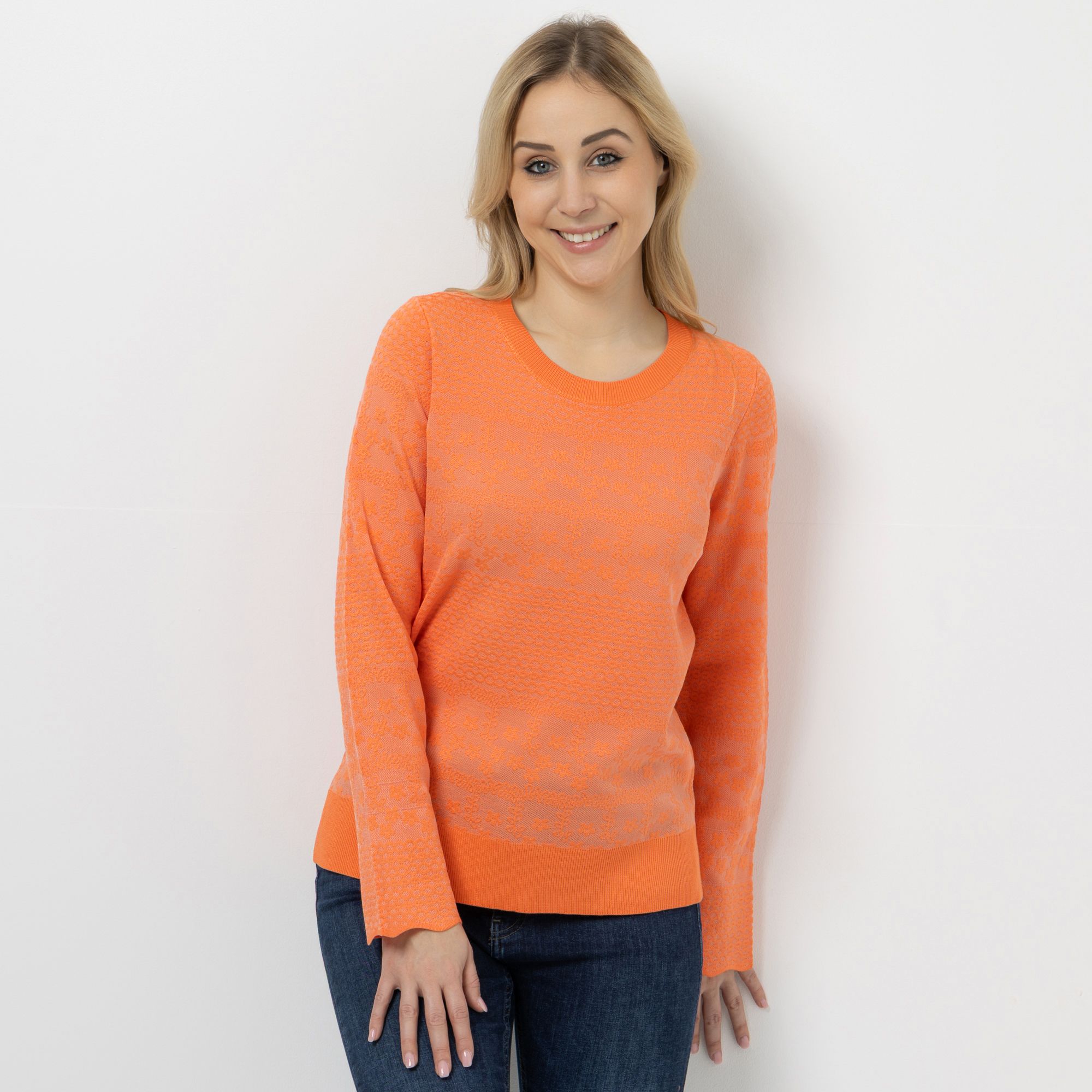 VIA MILANO Pullover, 1/1-Arm Rundhalsausschnitt Jacquardmotiv Raffung am Ärmel