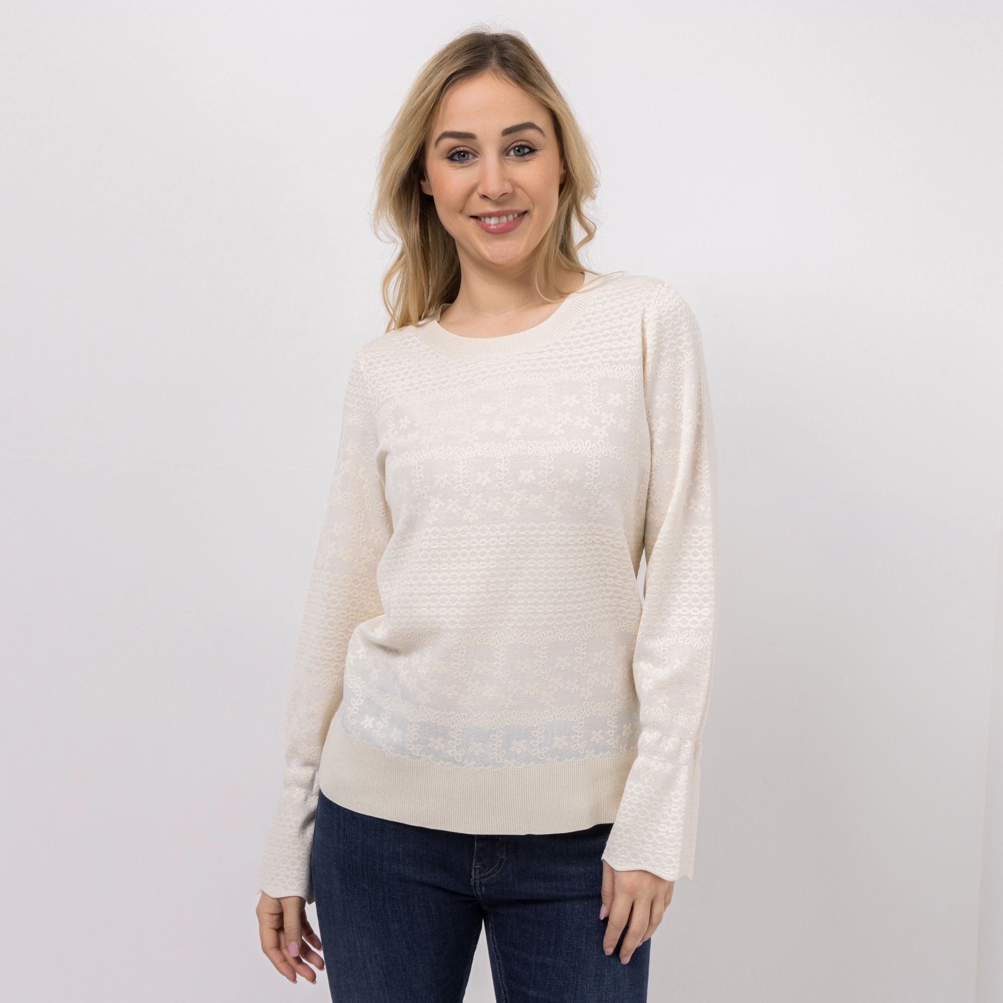 VIA MILANO Pullover Rundhalsausschnitt Jacquardmotiv welliger Ärmelsaum