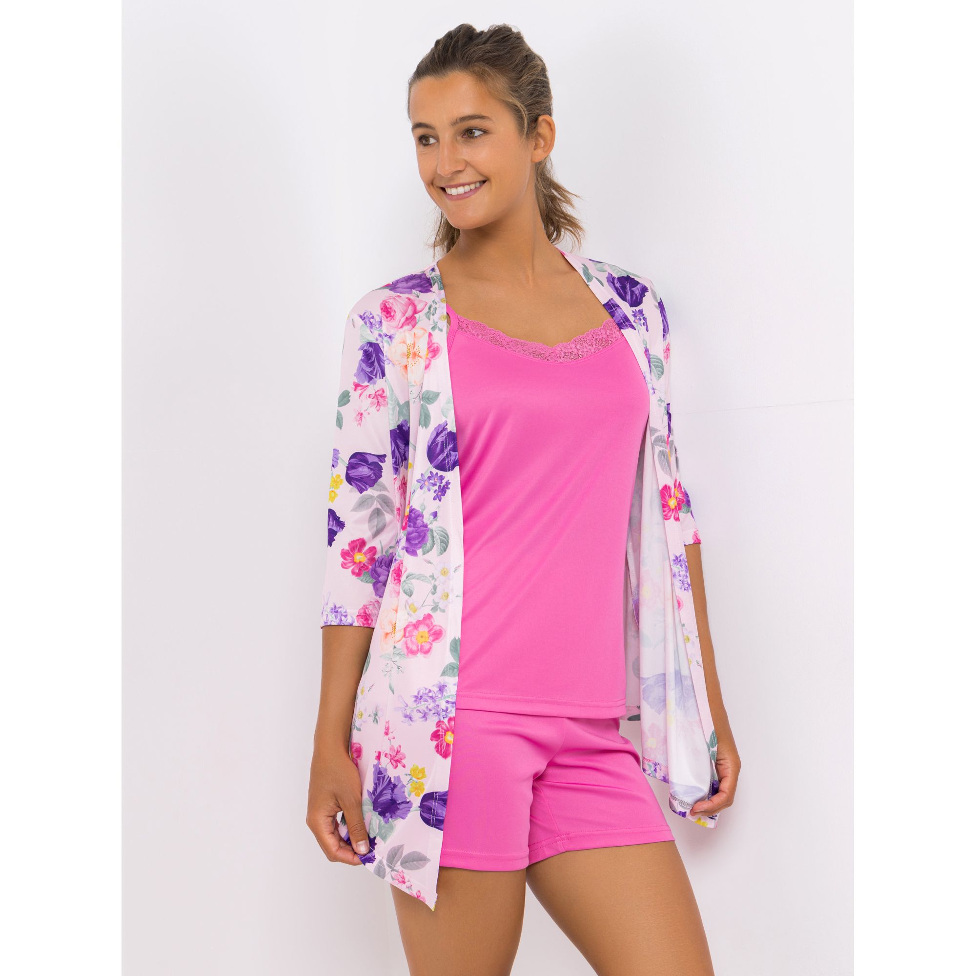 LITTLE ROSE Pyjama-Set, 3tlg. Mikrofaser Cardigan, 3/4-Arm Top & Shorty