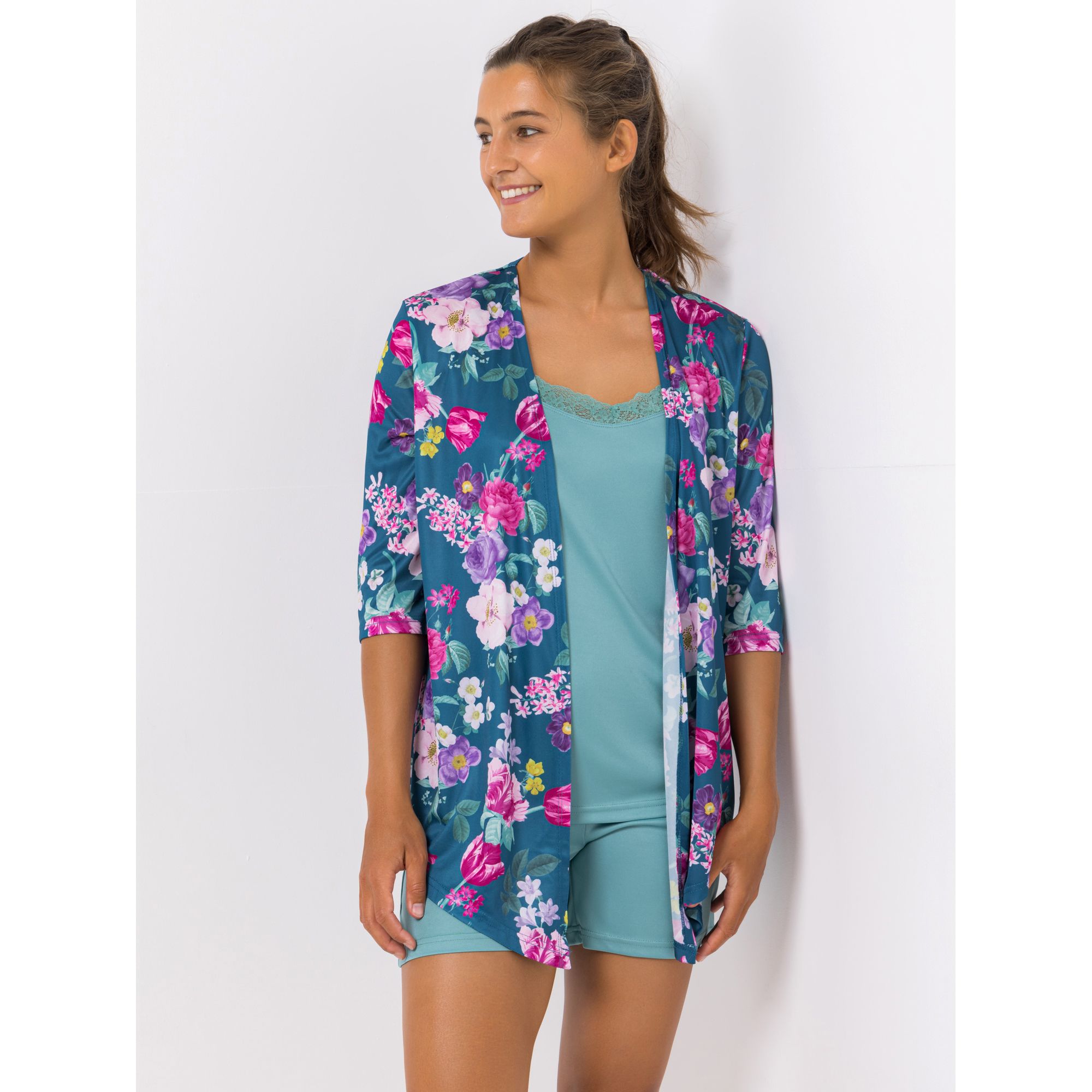 LITTLE ROSE Pyjama-Set, 3tlg. Mikrofaser Cardigan, 3/4-Arm Top & Shorty