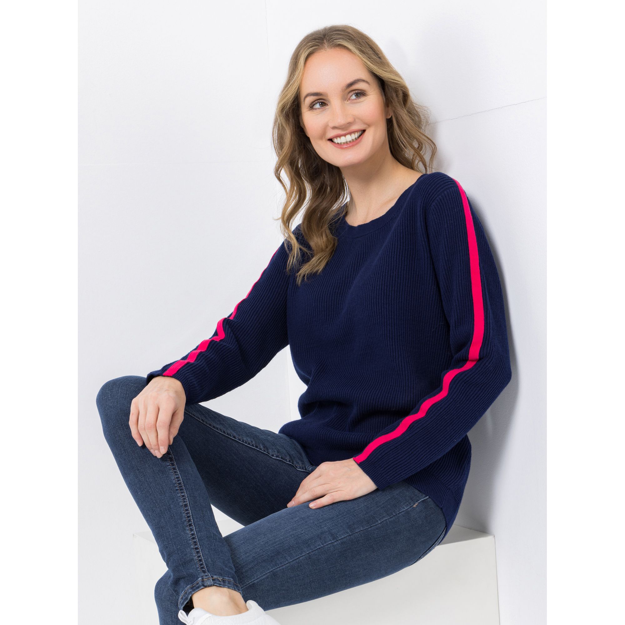 DENIM & CO. Pullover Rundhalsausschnitt Kontraststreifen figurumspielend