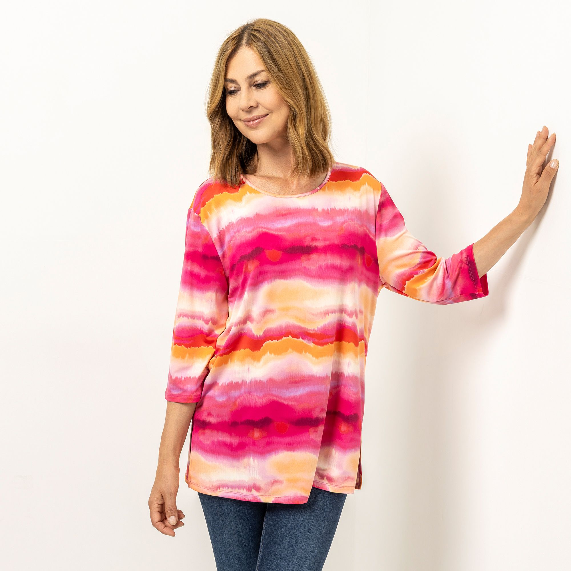 IN-PRINT Shirt, 3/4-Arm Rundhalsausschnitt Seitenschlitze elastische Ware