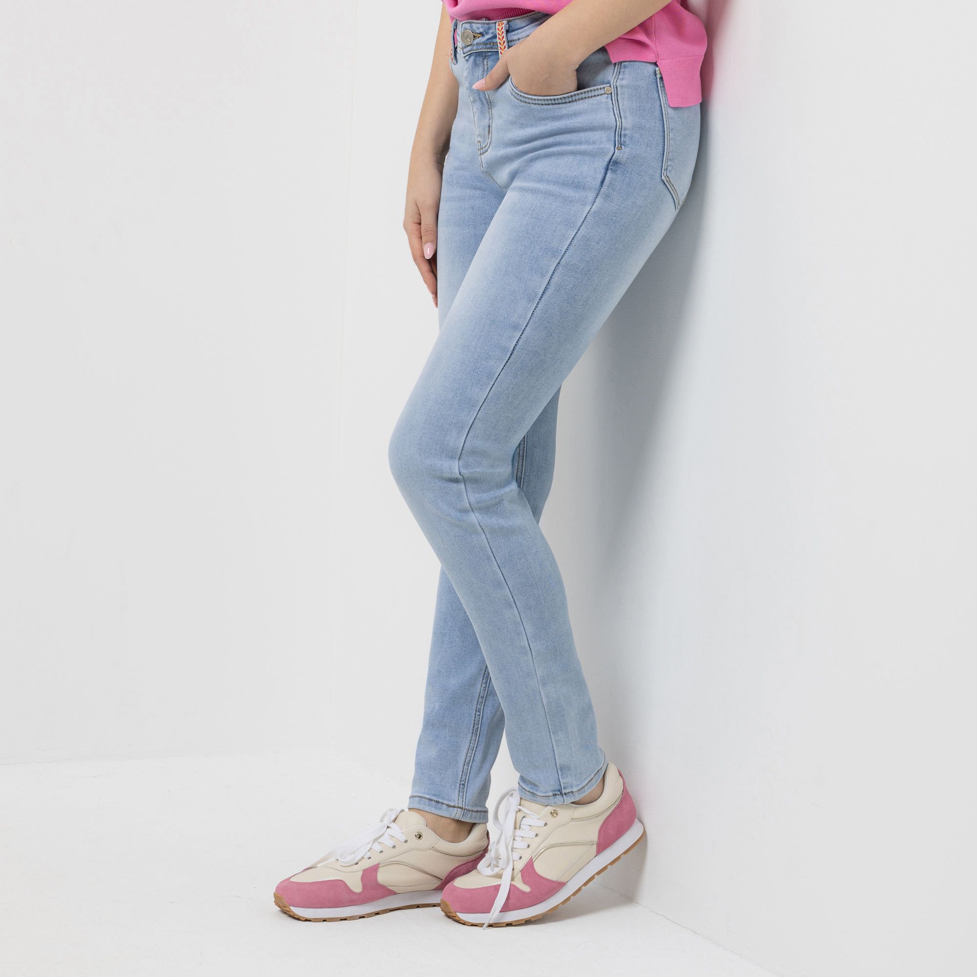 VIA MILANO Jeans, lange Form 5-Pocket-Style Zierband am Saum schmales Bein