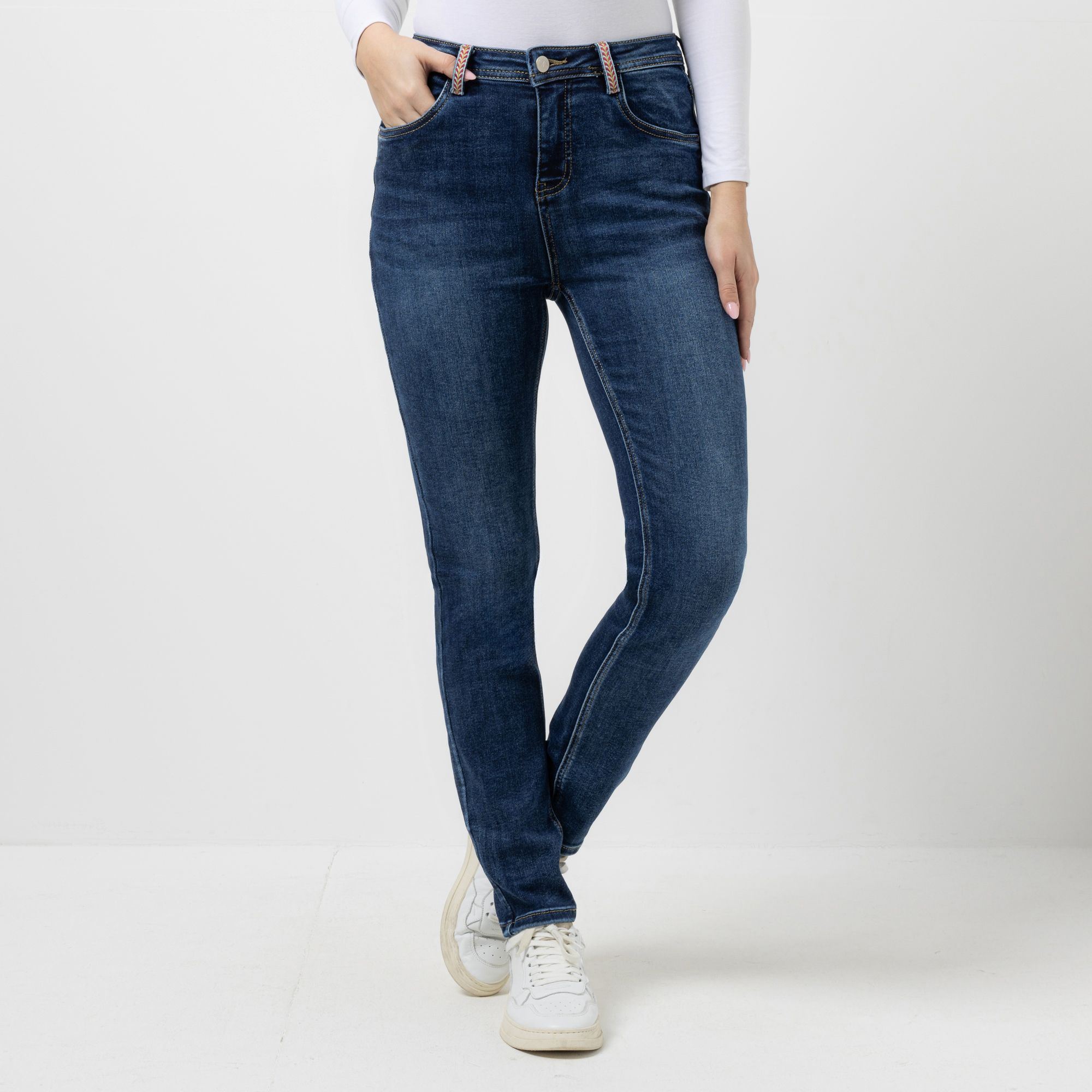 VIA MILANO Jeans, lange Form 5-Pocket-Style Zierband am Saum schmales Bein