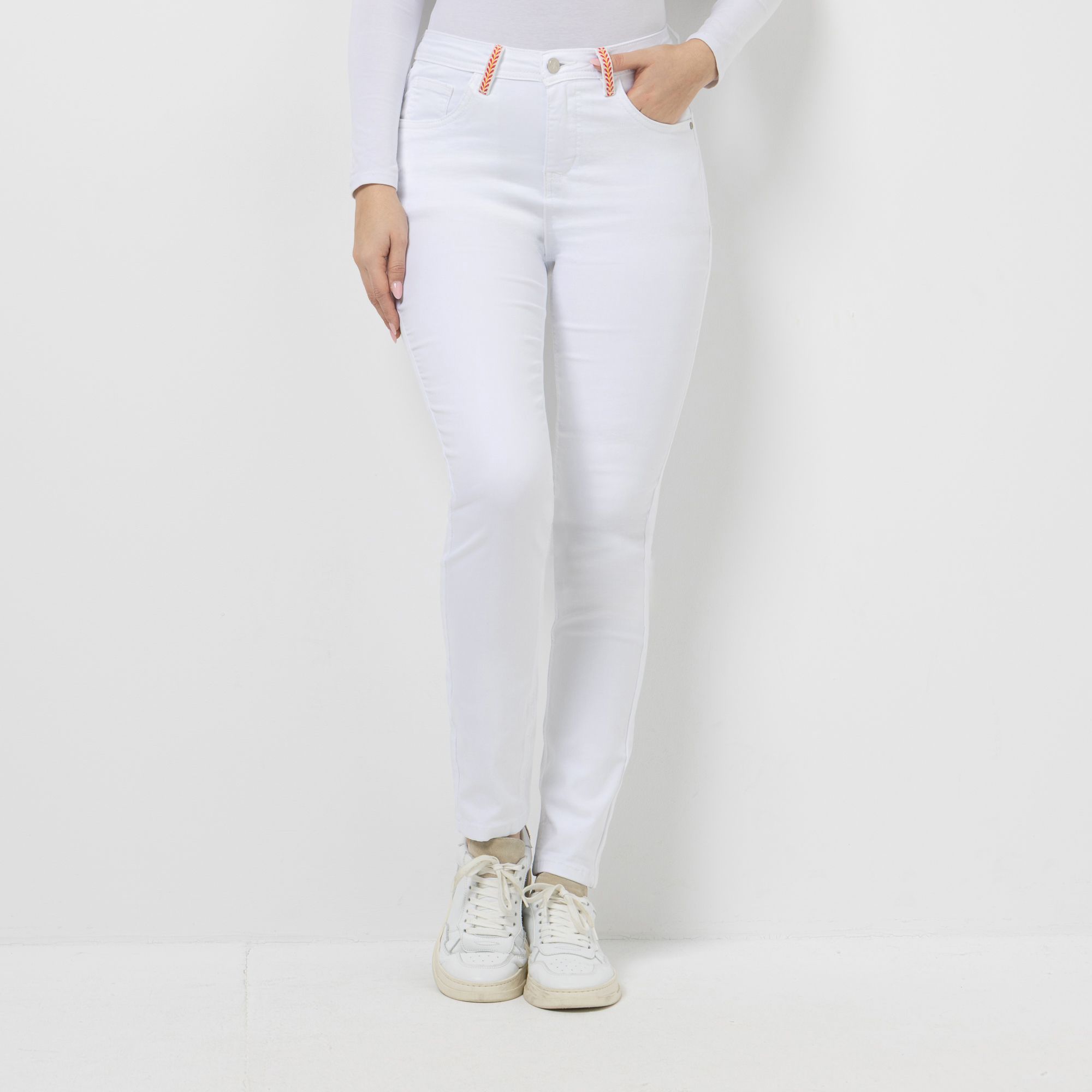 VIA MILANO Jeans, lange Form 5-Pocket-Style Zierband am Saum schmales Bein