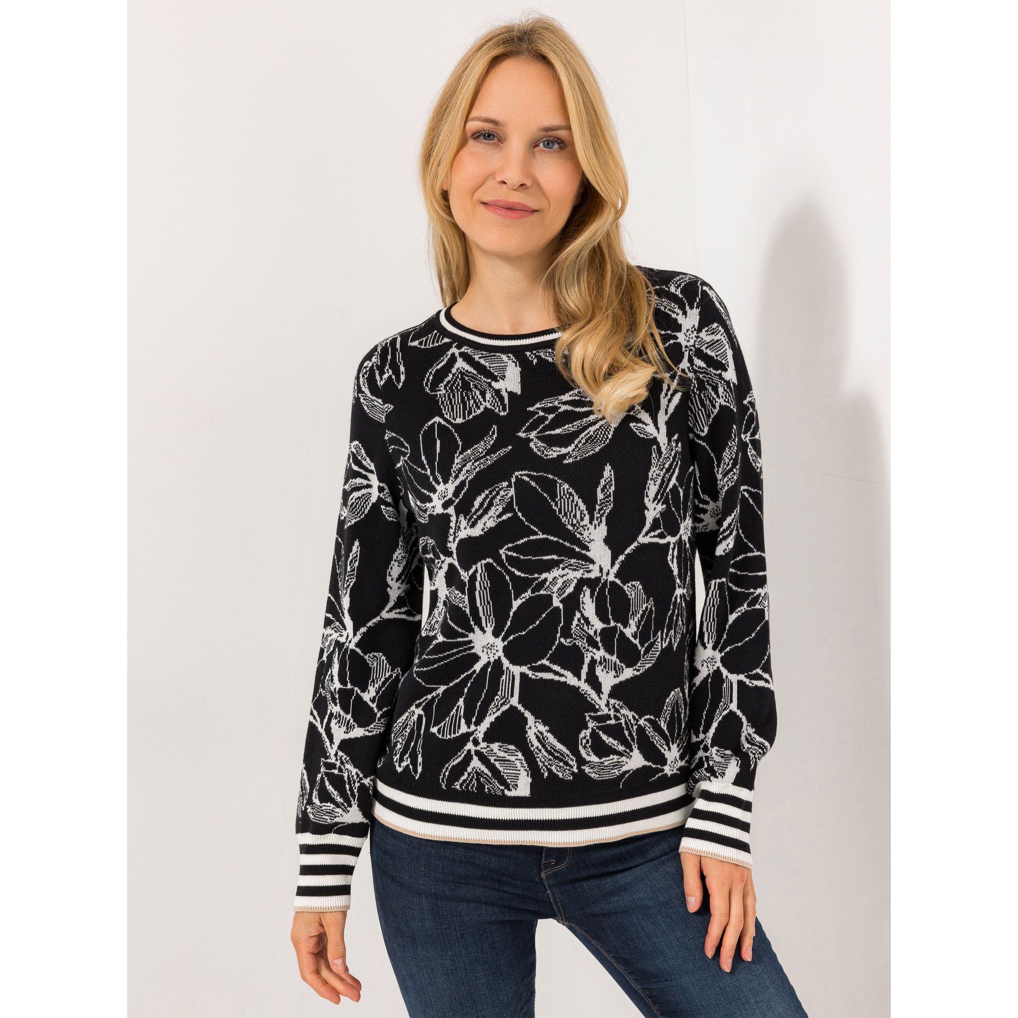 BASLER® Pullover, 1/1-Arm Jacquard Blumenmuster Rundhalsausschnitt