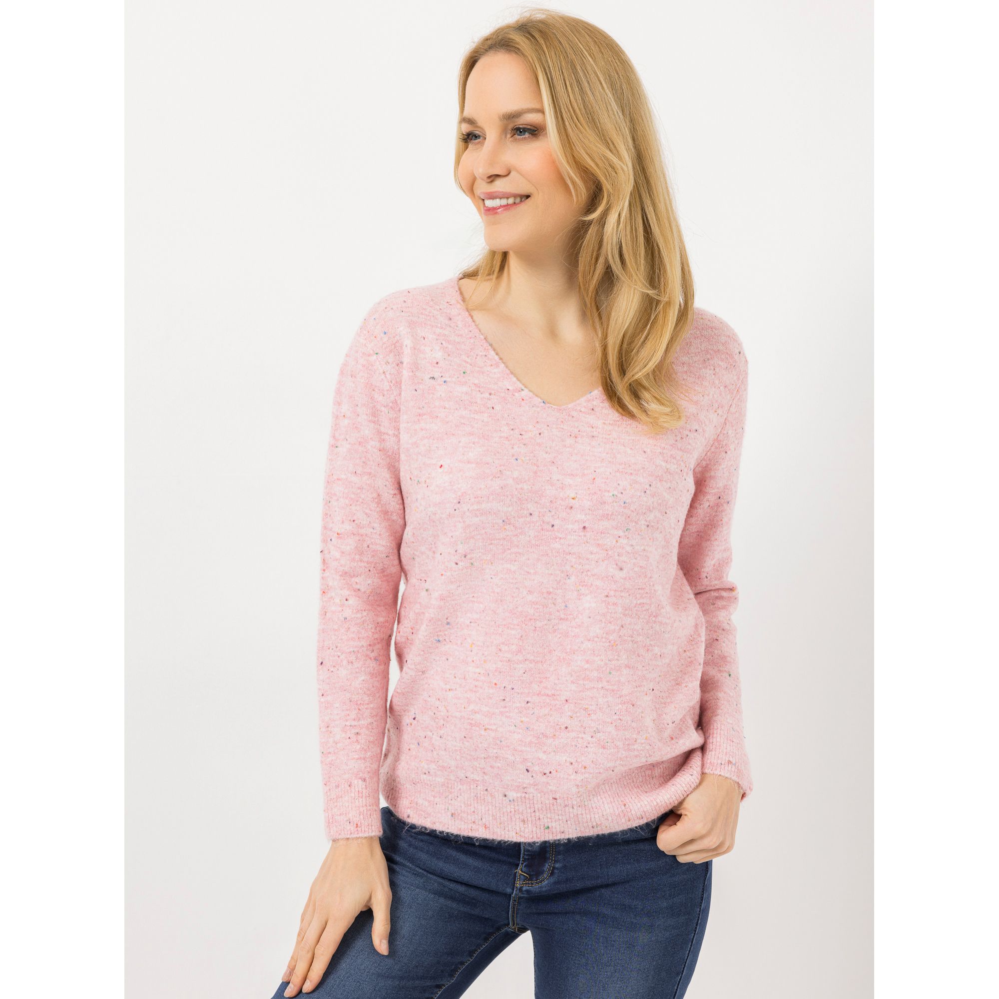 DENIM & CO. Pullover V-Ausschnitt Melange Optik figurumspielend