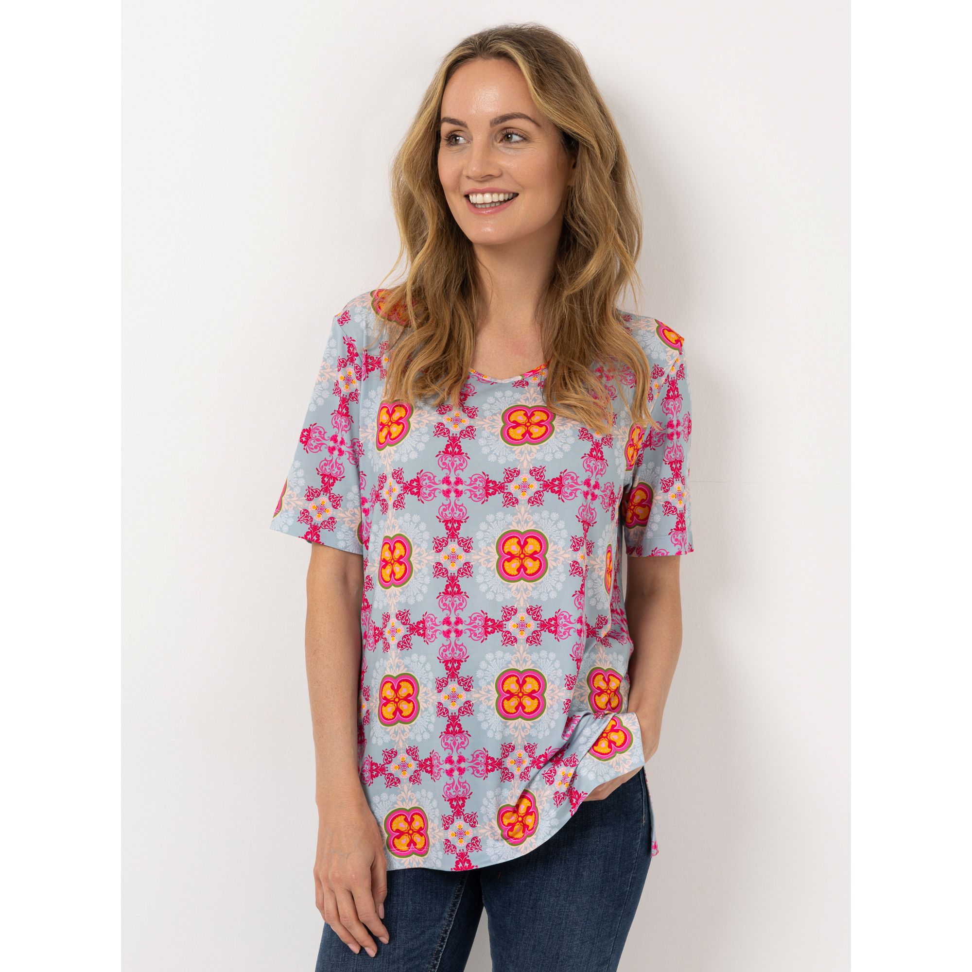 IN-PRINT Shirt, 1/2-Arm V-Ausschnitt Seitenschlitze Allover-Druck