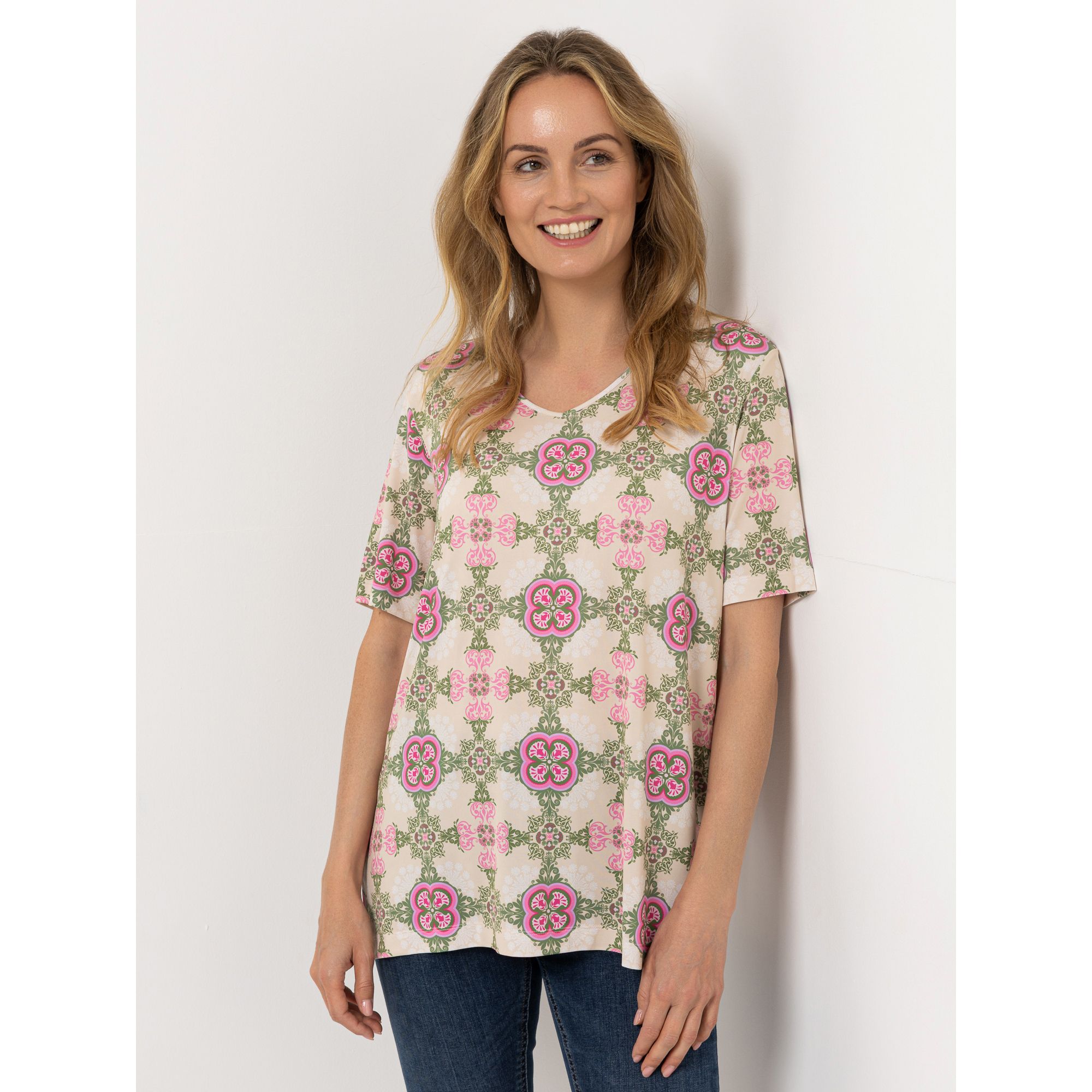 IN-PRINT Shirt, 1/2-Arm V-Ausschnitt Seitenschlitze Allover-Druck