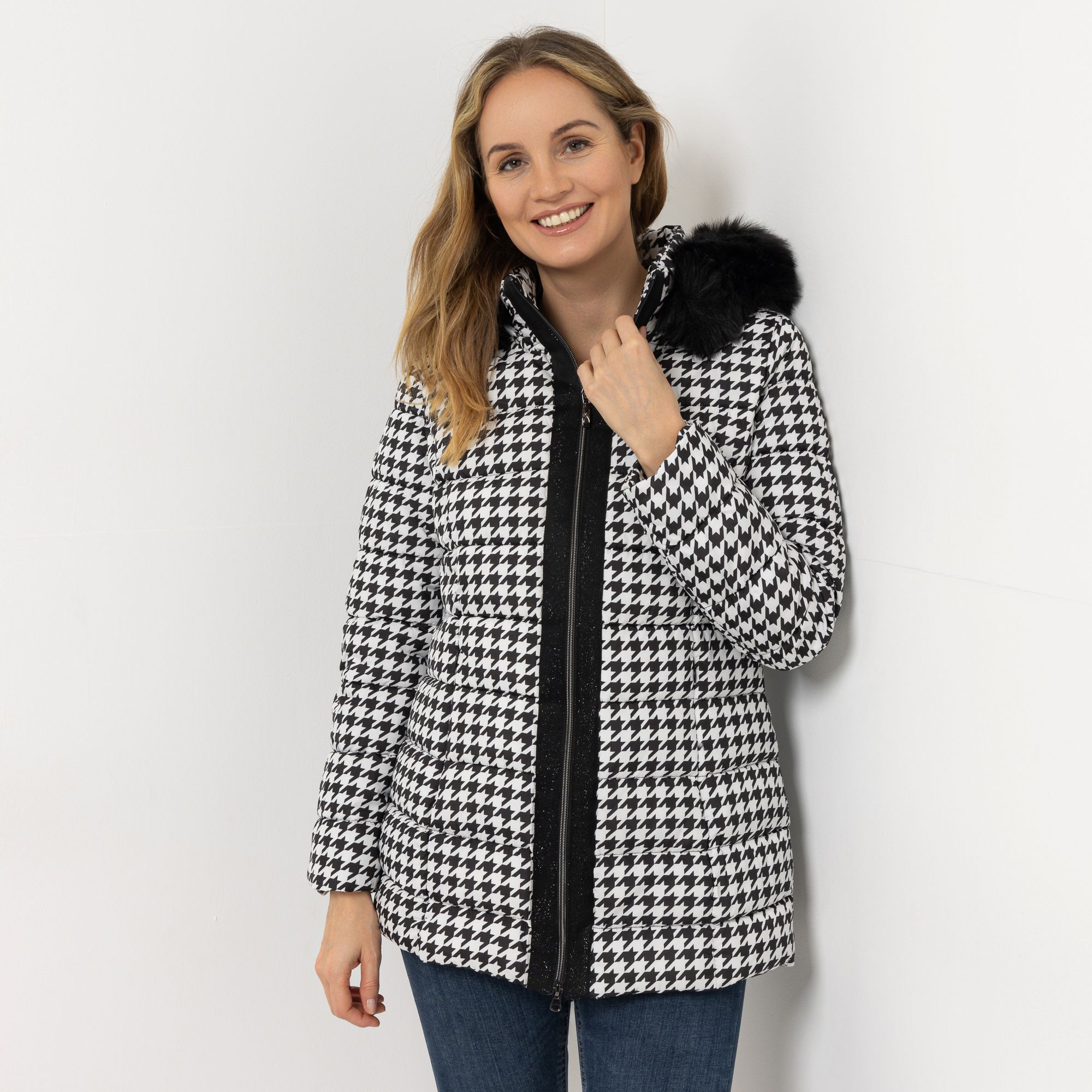 VIA MILANO Jacke, 1/1-Arm Allover-Print Kapuze mit Kunstfell 2-Wege-Reißverschluss