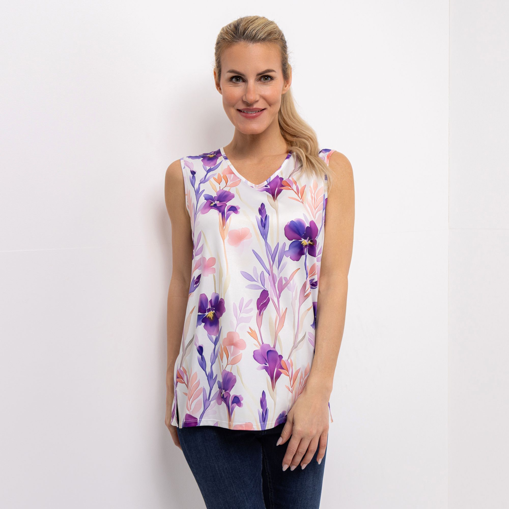 IN-PRINT Top V-Ausschnitt bedruckt Seitenschlitze