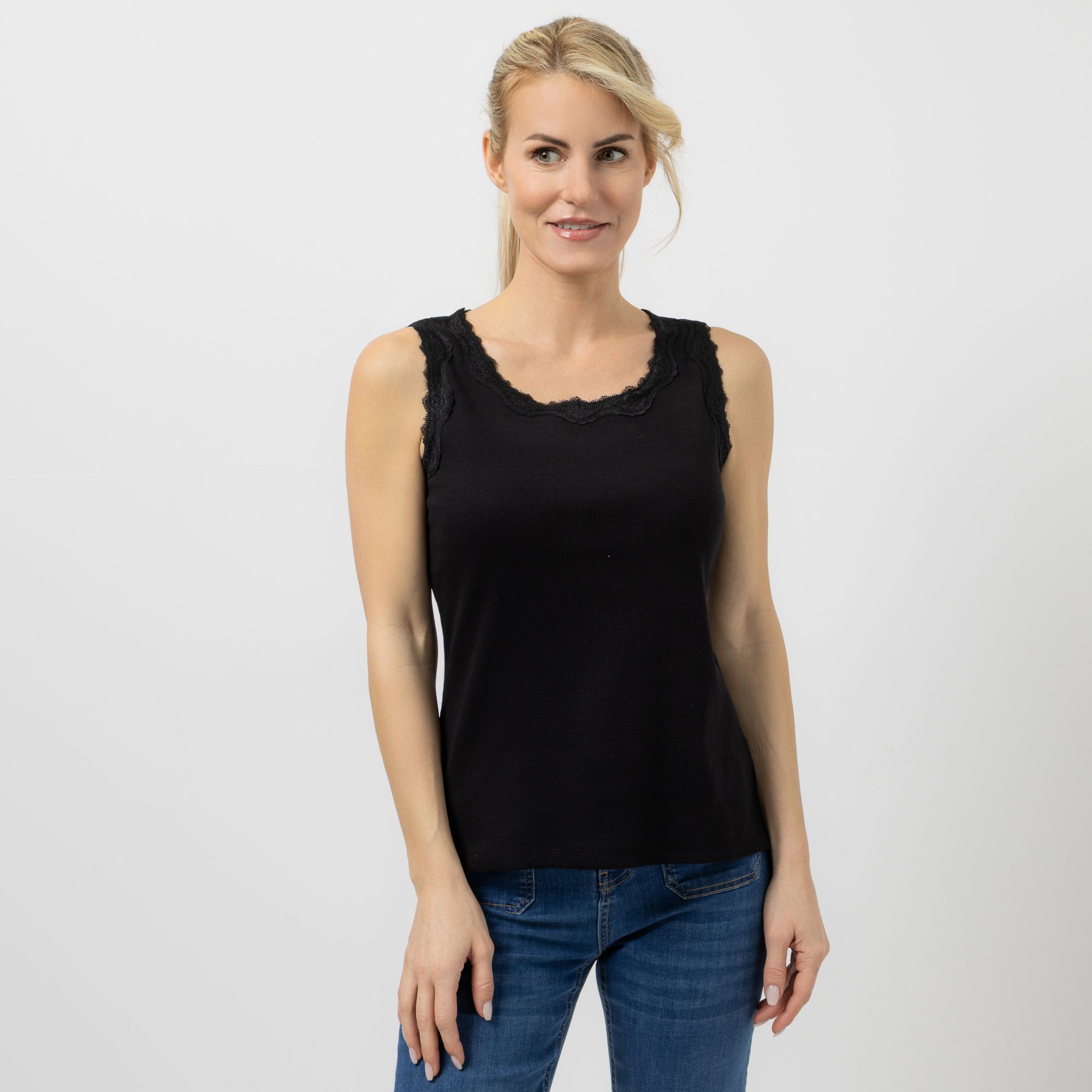 VIA MILANO Top Rundhalsausschnitt Spitzen-Detail figurbetont