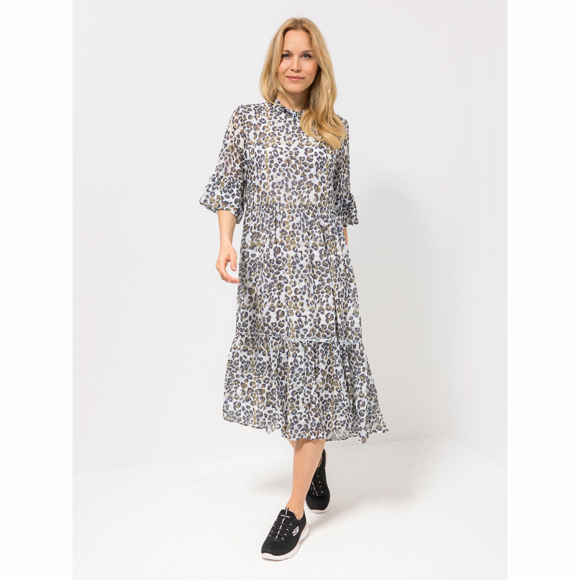 VIA MILANO Kleid, 3/4-Arm Stehkragen Animalprint figurumspielend