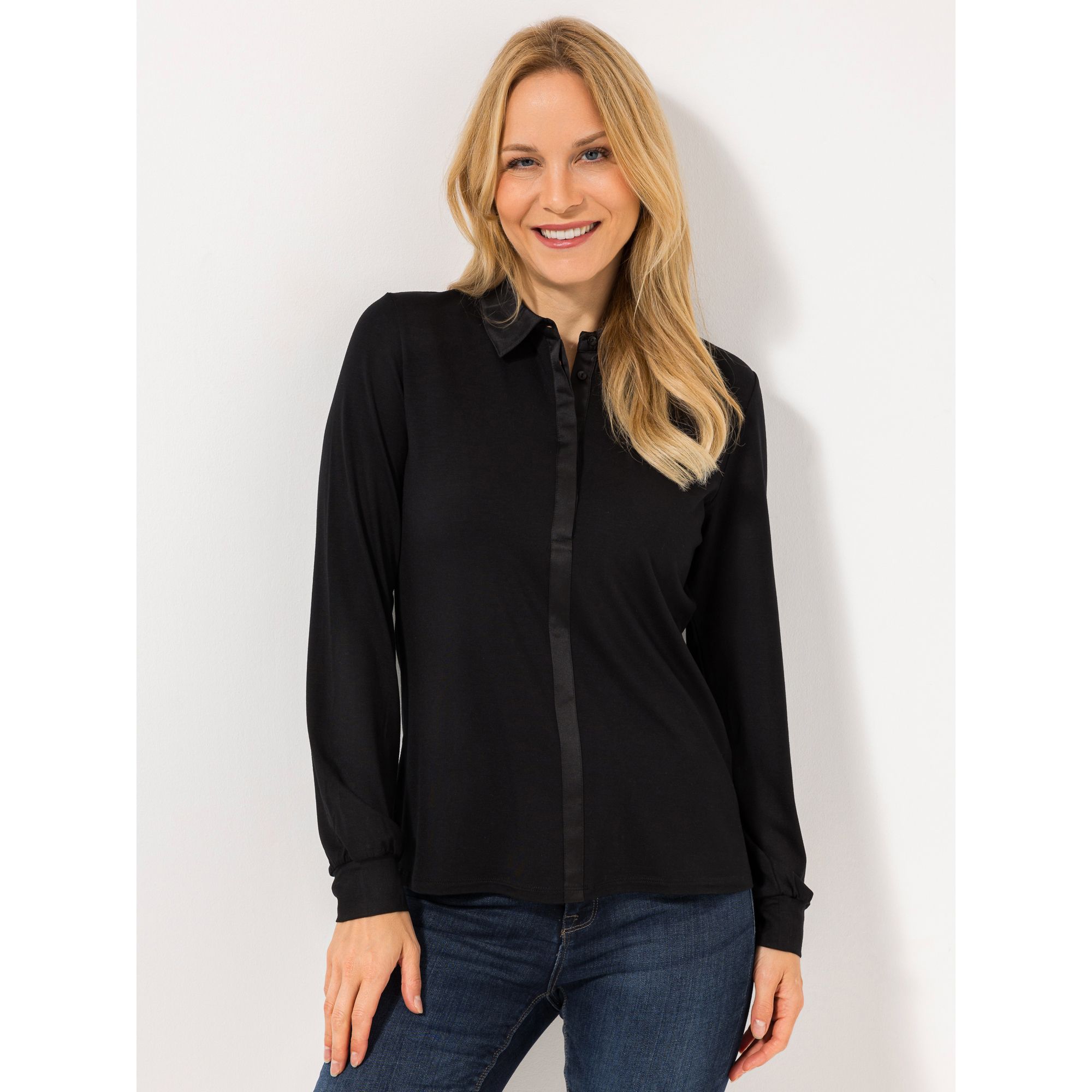 VIA MILANO Jerseybluse, 1/1-Arm Kragen Satin Details figurumspielend