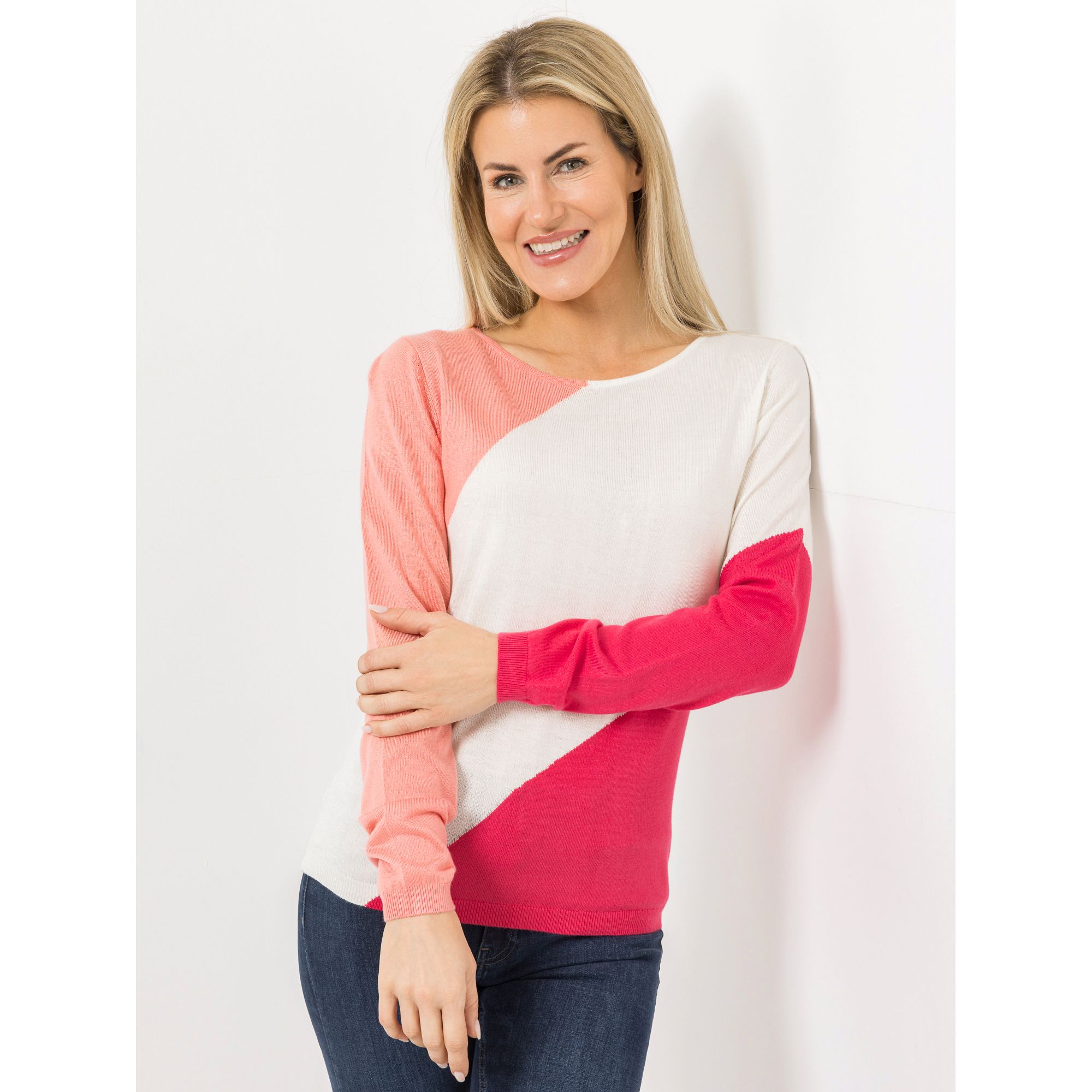 VIA MILANO Pullover, 1/1-Arm Rundhalsausschnitt Tricolor-Optik figurumspielend