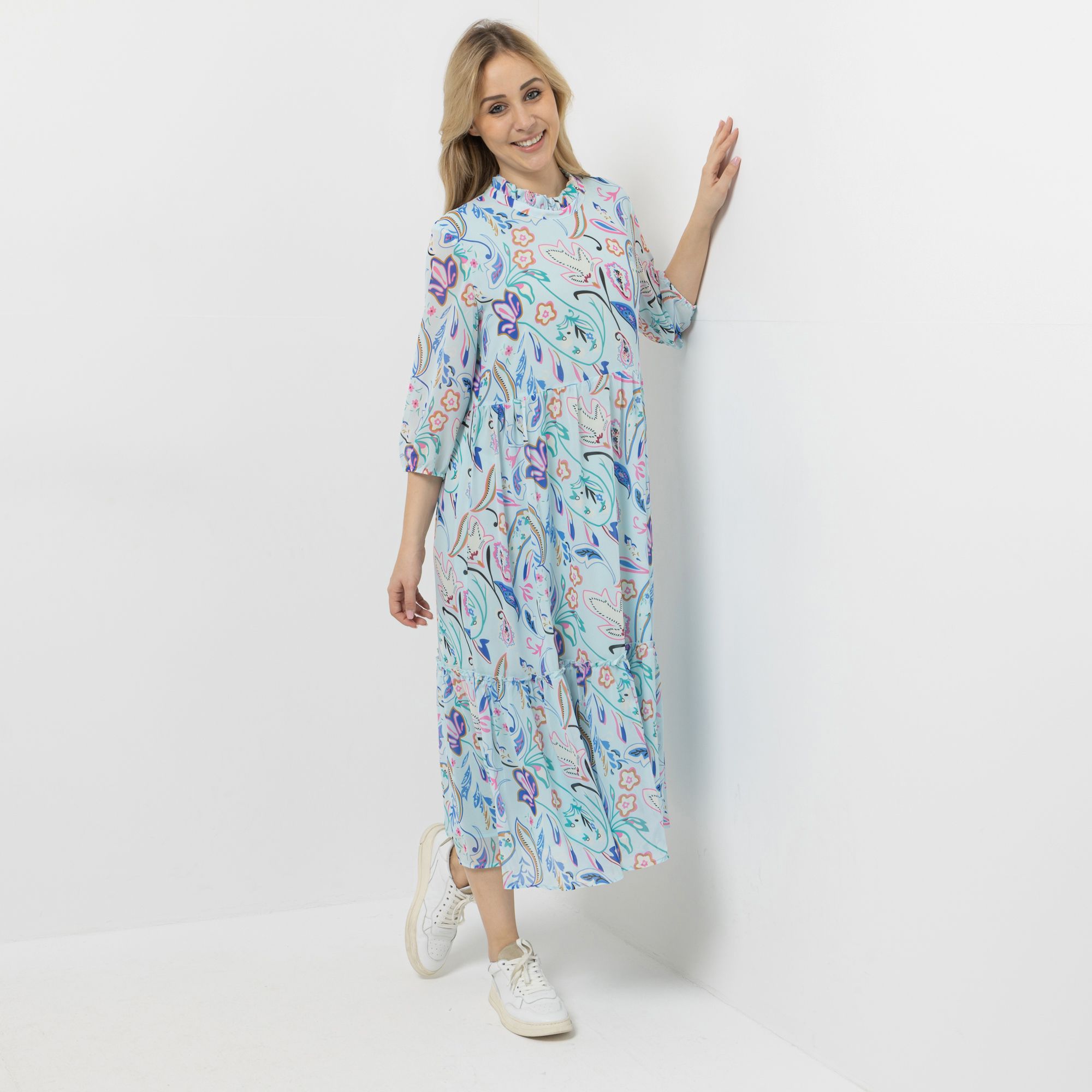 VIA MILANO Kleid, 3/4-Arm Rundhalsausschnitt mit Rüschen Blumen-Paisley-Print