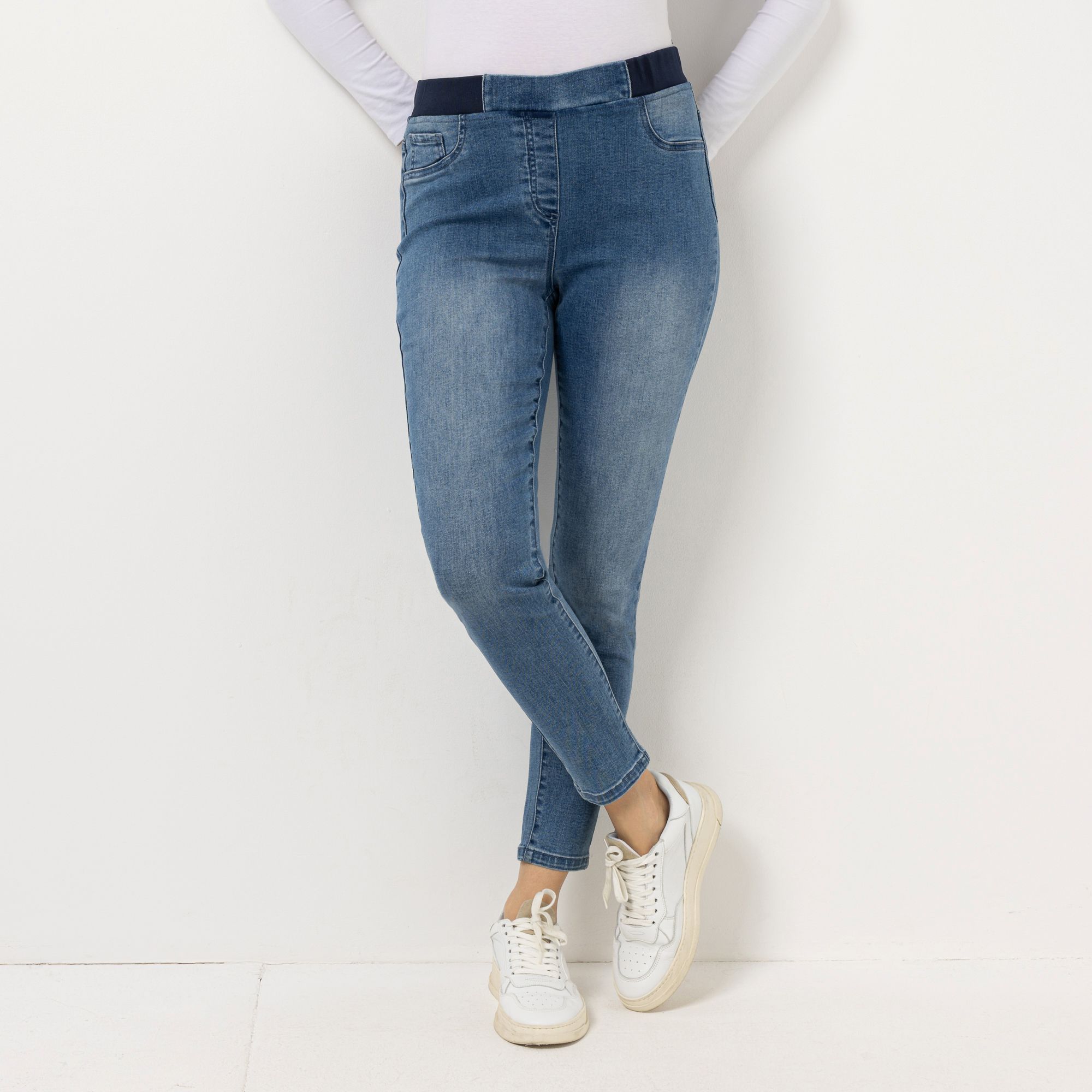 DENIM & CO. Jeans Rundumdehnbund Gesäßtaschen knöchellang