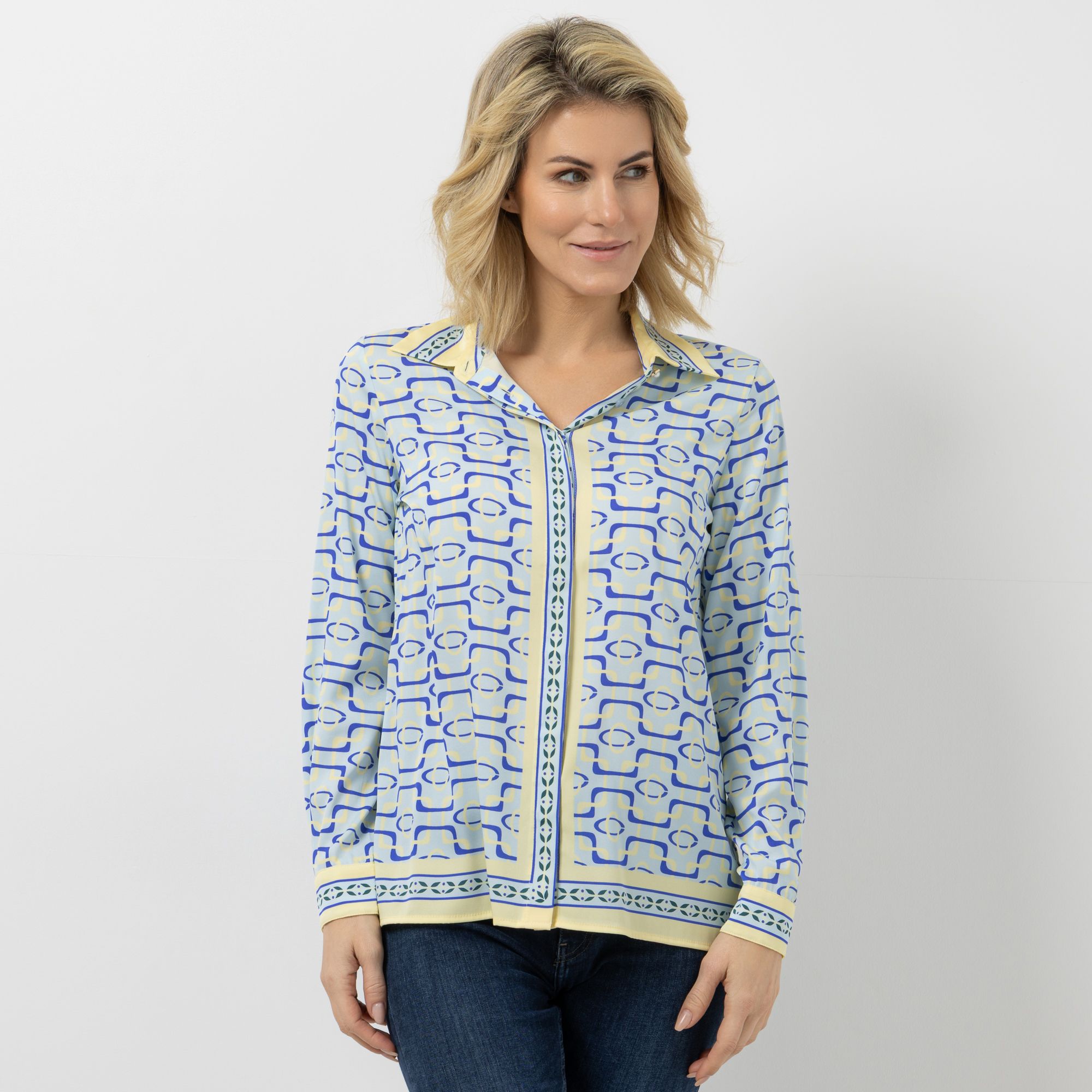 VIA MILANO Bluse, 1/1-Arm Hemdkragen Allover Druck verdeckte Knopfleiste