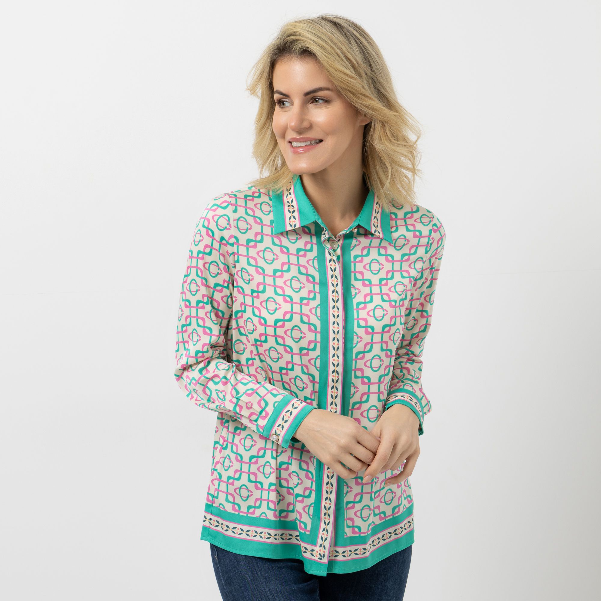 VIA MILANO Bluse, 1/1-Arm Hemdkragen Allover Druck verdeckte Knopfleiste