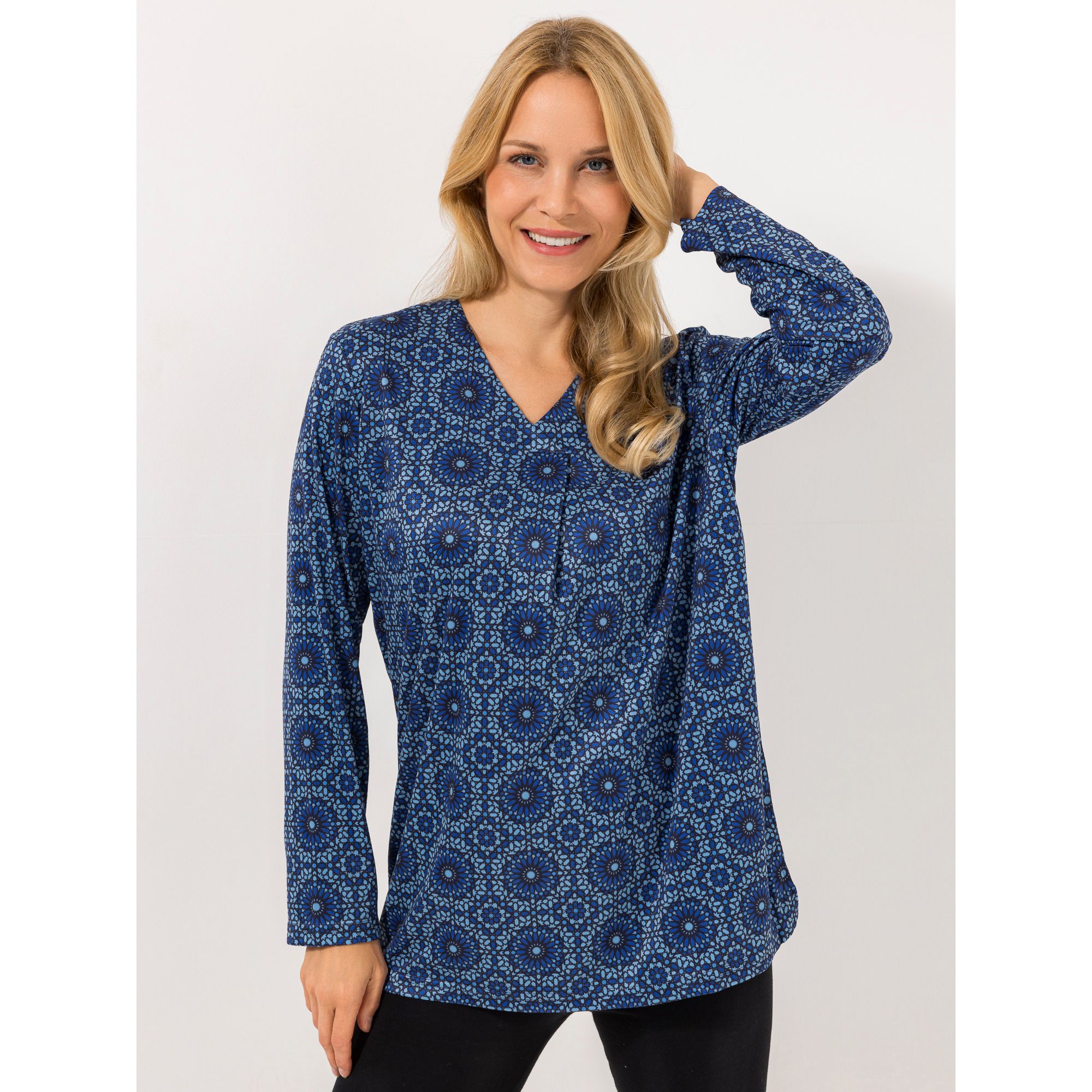 JERYMOOD HOMEWEAR Bluse, 1/1-Arm V-Halsausschnitt Falten-Detail bedruckt