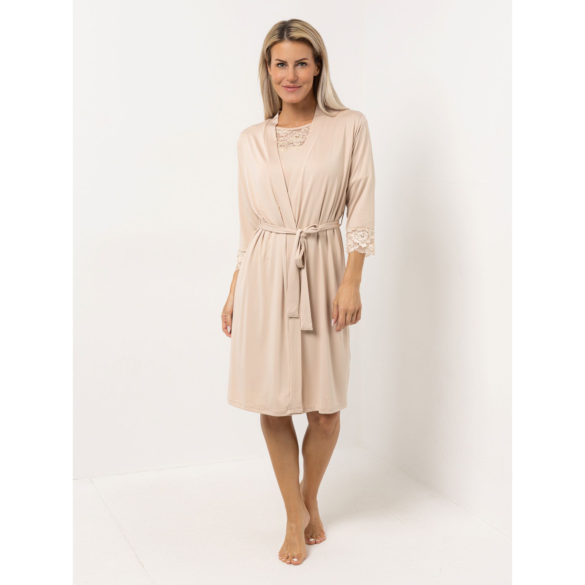 LITTLE ROSE Morgenmantel Mikrofaser Bindeband Spitzendetail
