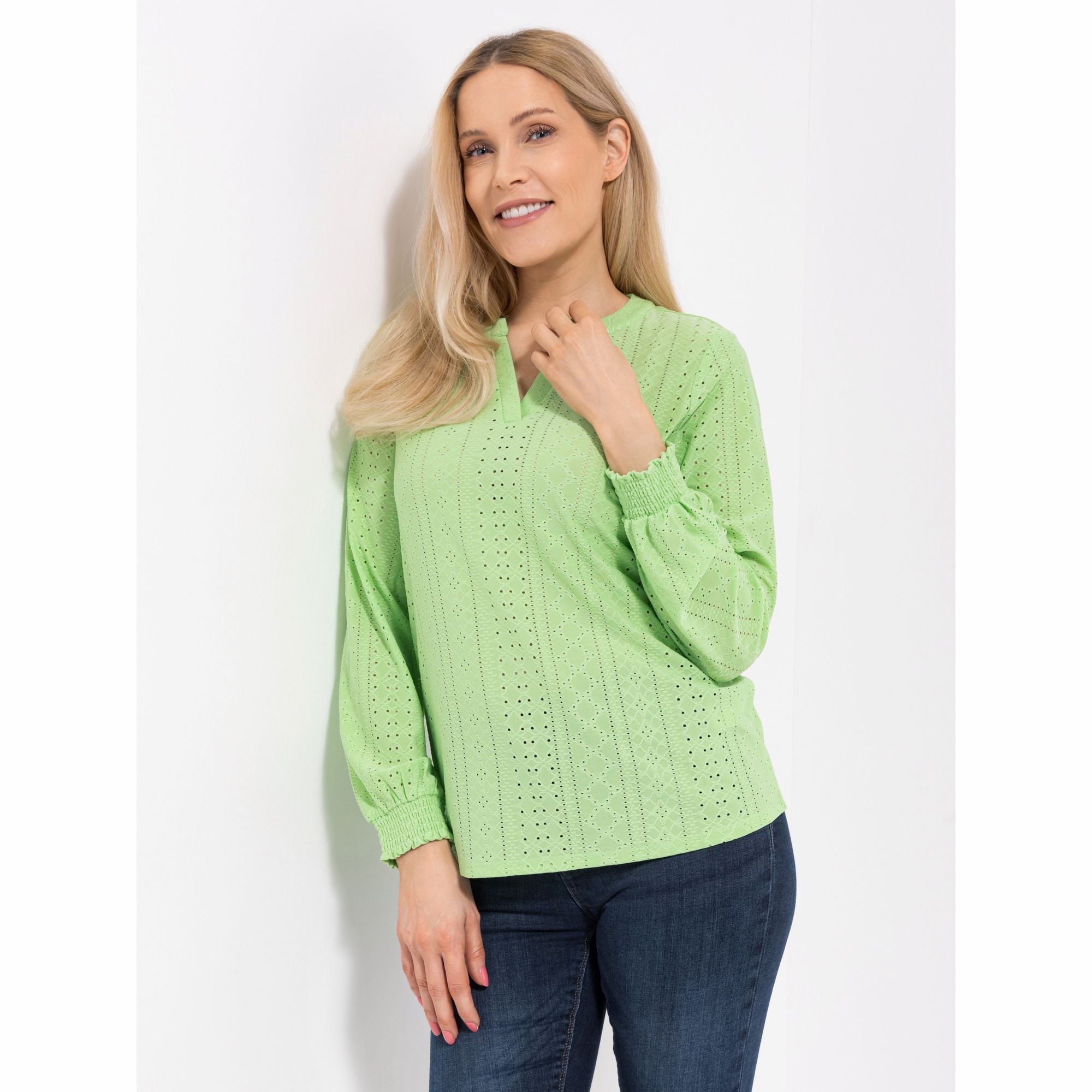 VIA MILANO Shirt, 1/1-Arm mit Smok-Abschluss Jersey mit Lochmuster figurumspielend