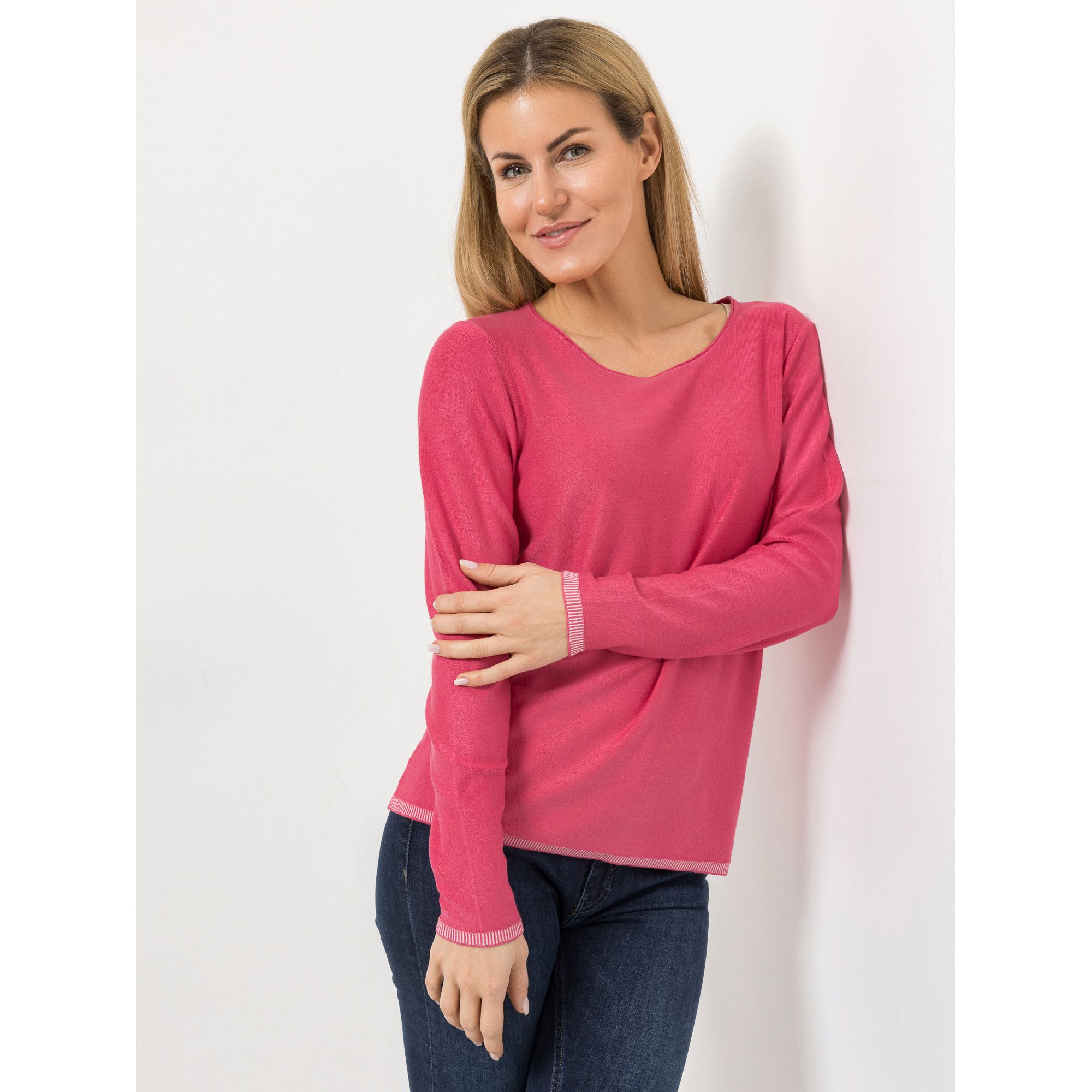 DENIM & CO. Pullover Rundhalsausschnitt Kontrastrippe figurumspielend