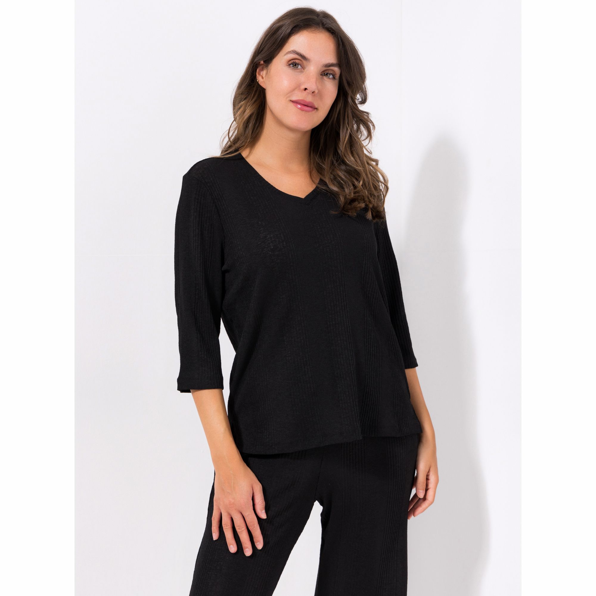 VIA MILANO Shirt, 3/4-Arm V-Ausschnitt gerippt figurumspielend