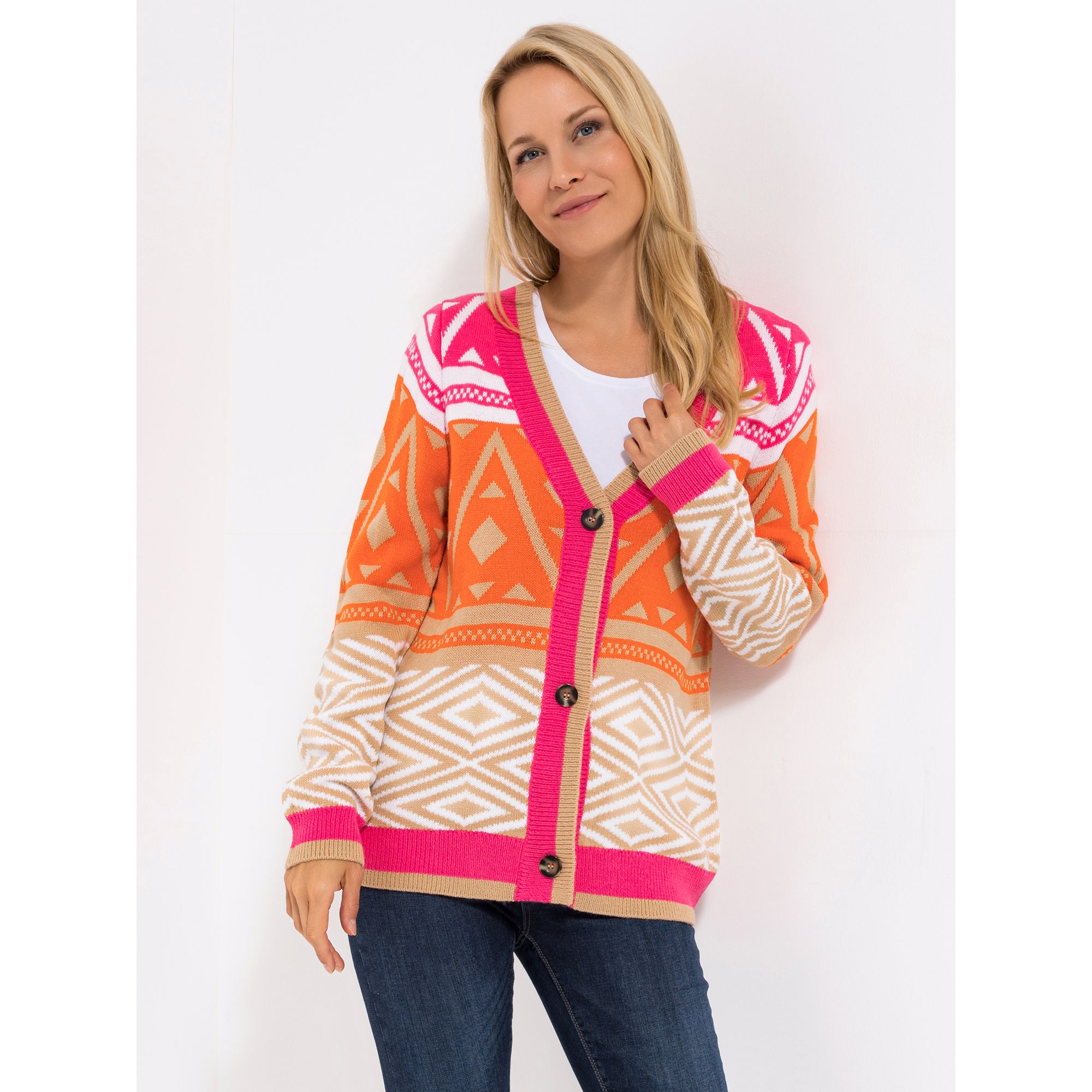 CASHMASOFT Strickjacke, 1/1-Arm V-Ausschnitt Norwegian Jacquard Knopfleiste