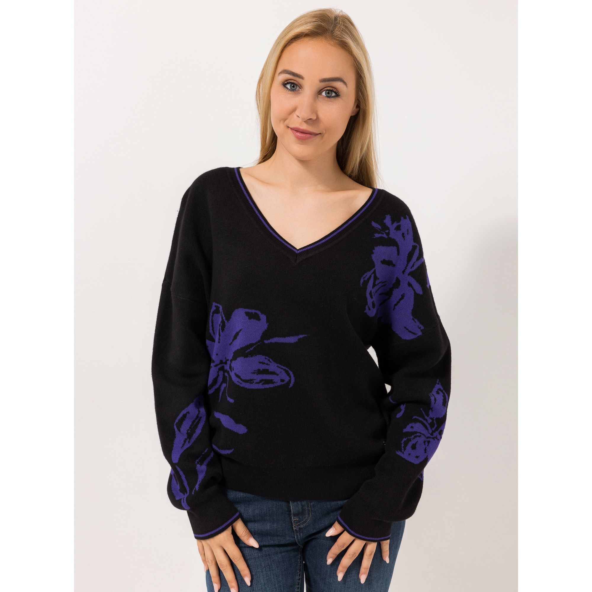 BASLER® Pullover, 1/1-Arm V-Ausschnitt Rippenbündchen Blumen Jacquard