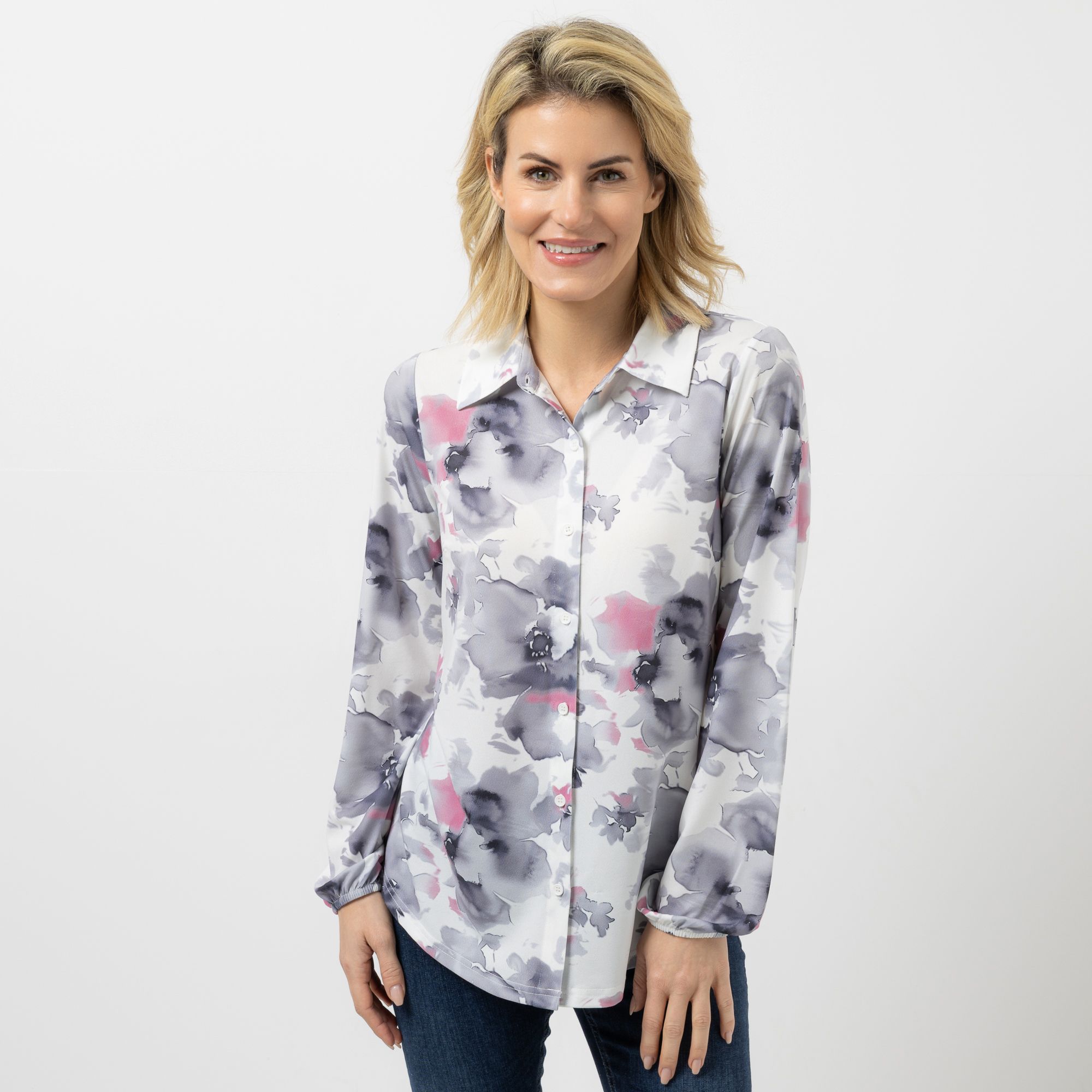 VIA MILANO Blusen-Shirt, 1/1-Arm Jersey-Stretch geknöpft figurumspielend