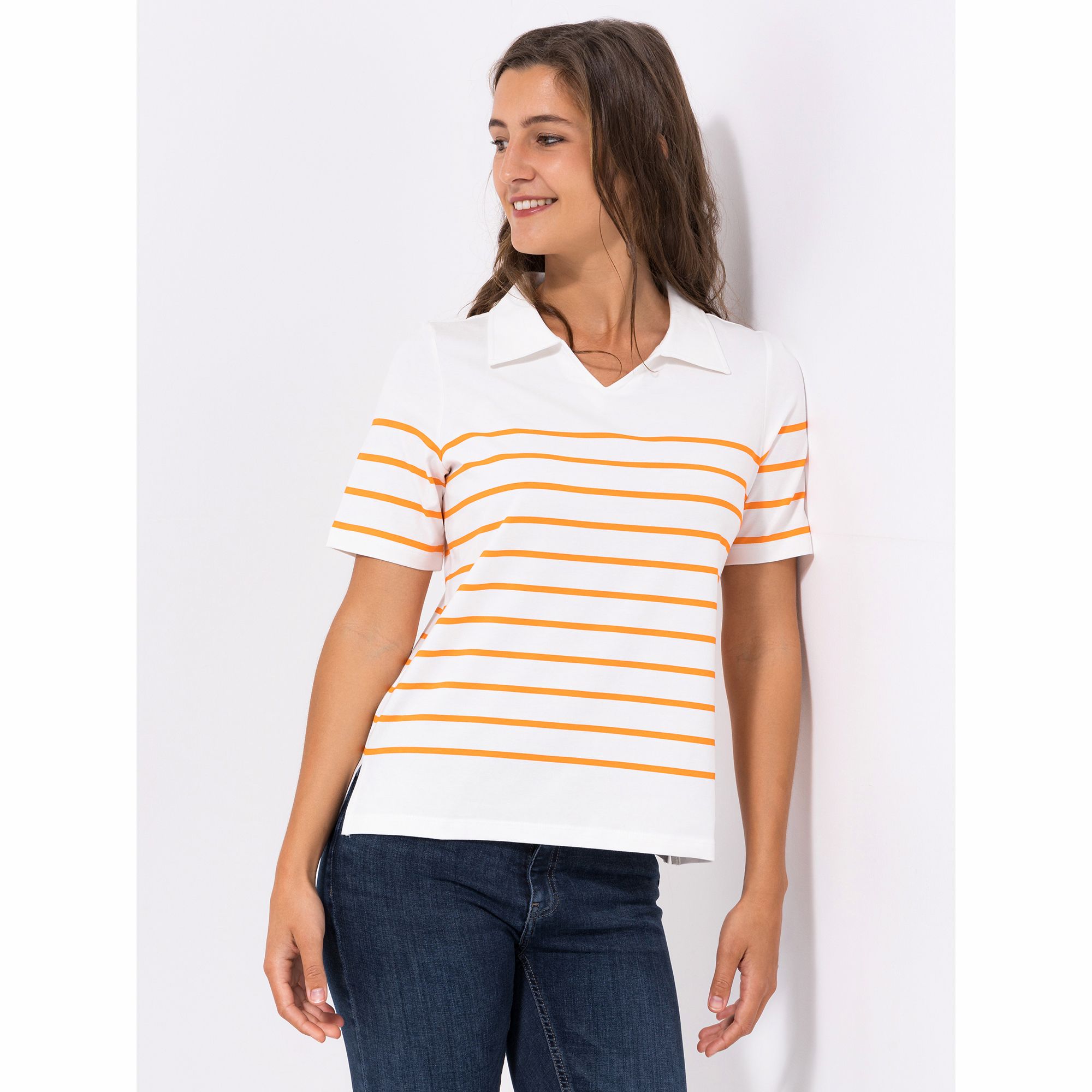 DENIM & CO. Shirt, 1/2-Arm V-Ausschnitt mit Kragen gestreift