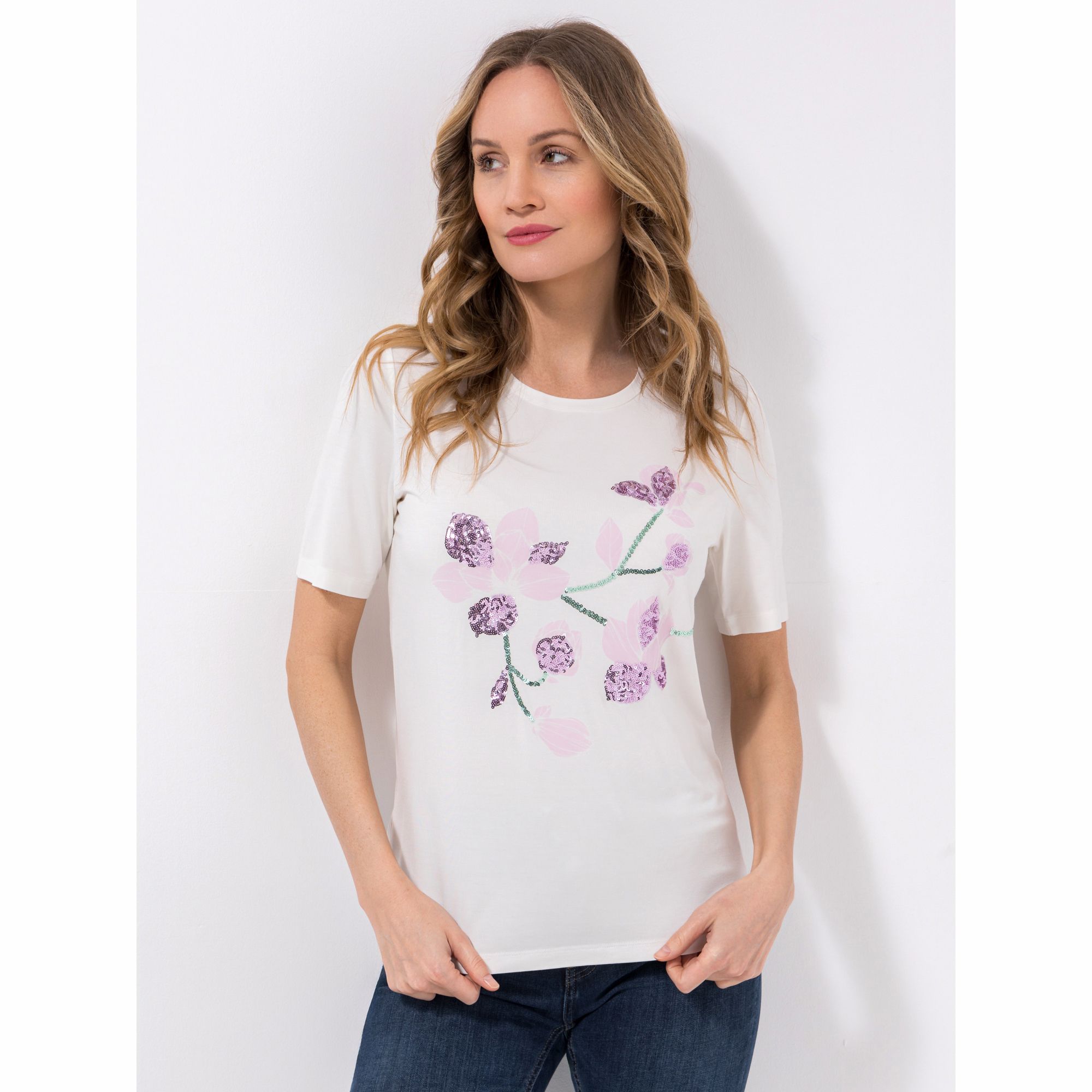 VIA MILANO Shirt, 1/2-Arm Rundhalsausschnitt Pailetten Details mit ECOVERO Viskose