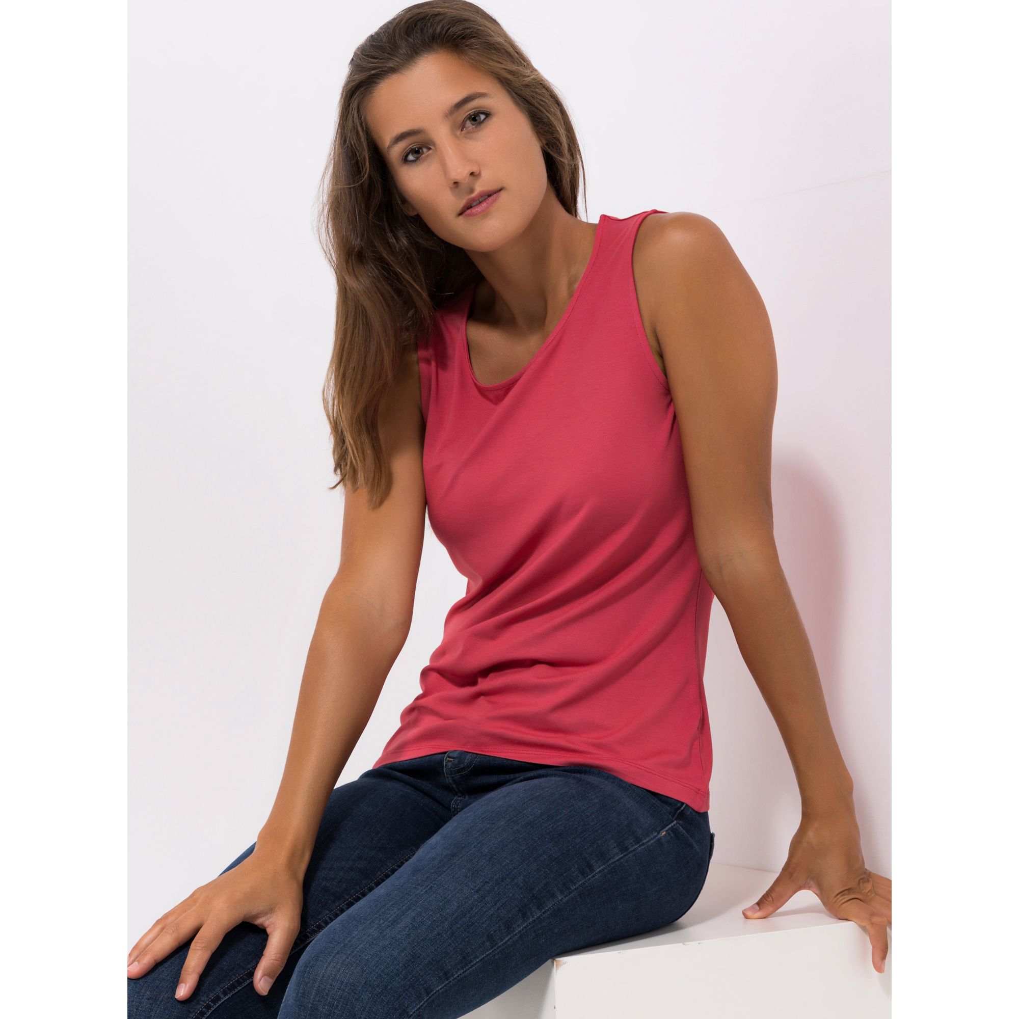 DENIM & CO. Top, ohne Arm Rundhalsausschnitt figurbetont uni