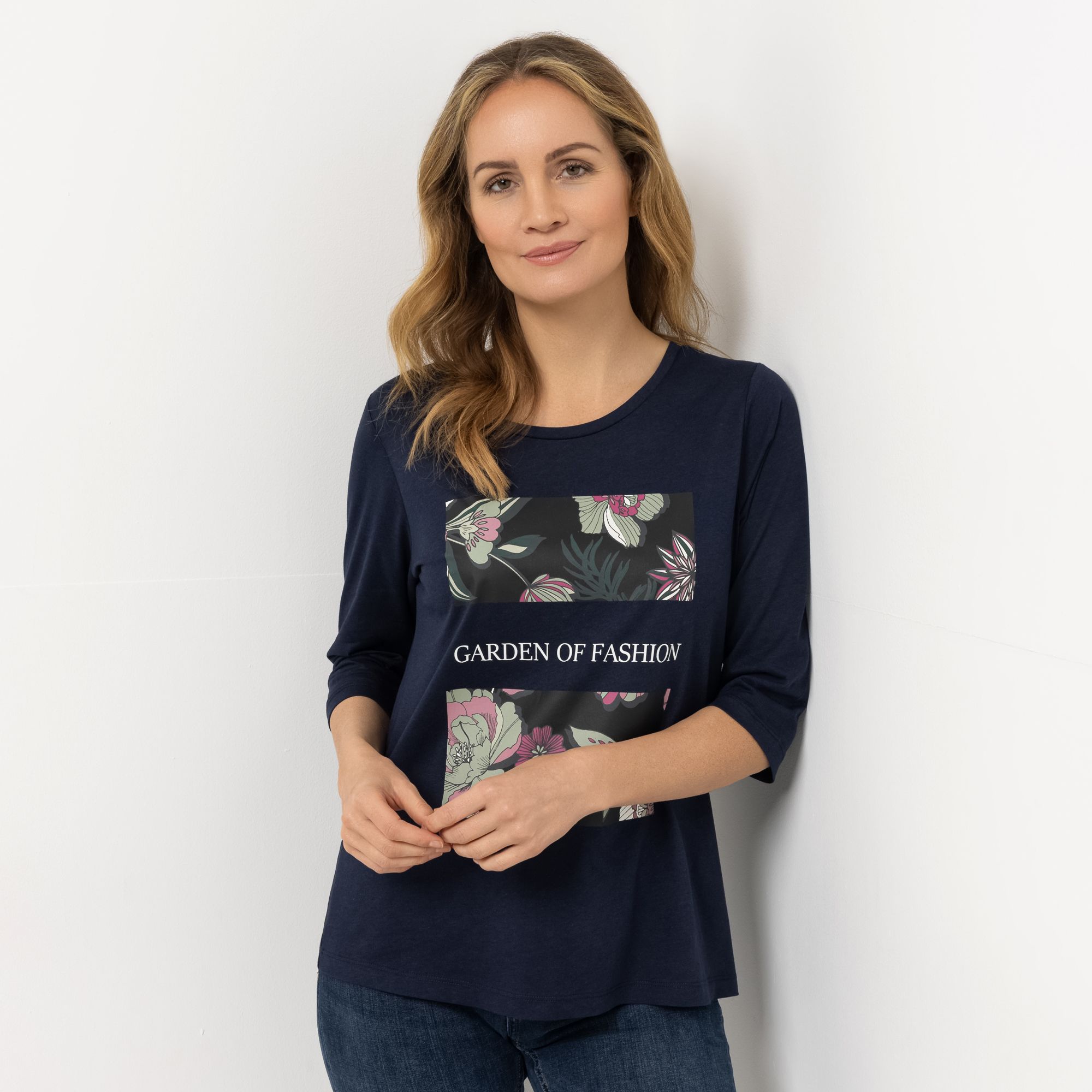 DENIM & CO. Shirt, 3/4-Arm Rundhalsausschnitt platzierter Druck figurumspielend