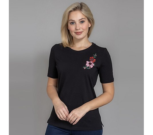 DENIM & CO. Shirt 1/2-Arm Rundhalsausschnitt Blumenstickerei