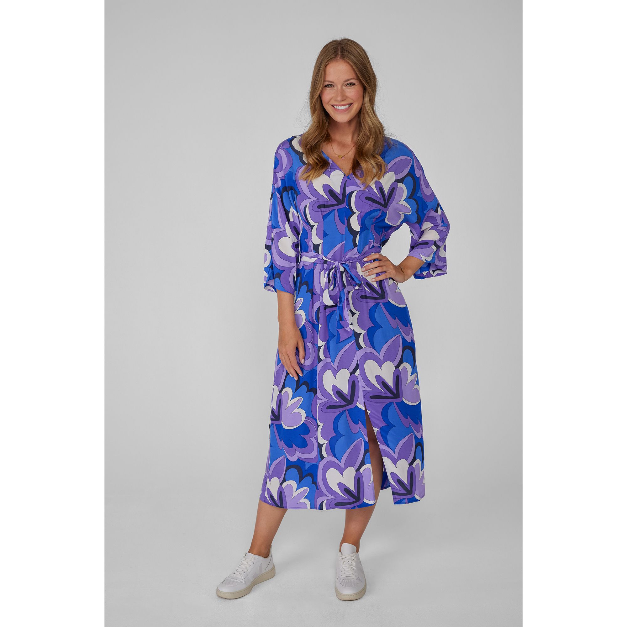 LIEBLINGSSTÜCK® Kleid, 3/4-Arm V-Ausschnitt Gürtel Allover-Druck