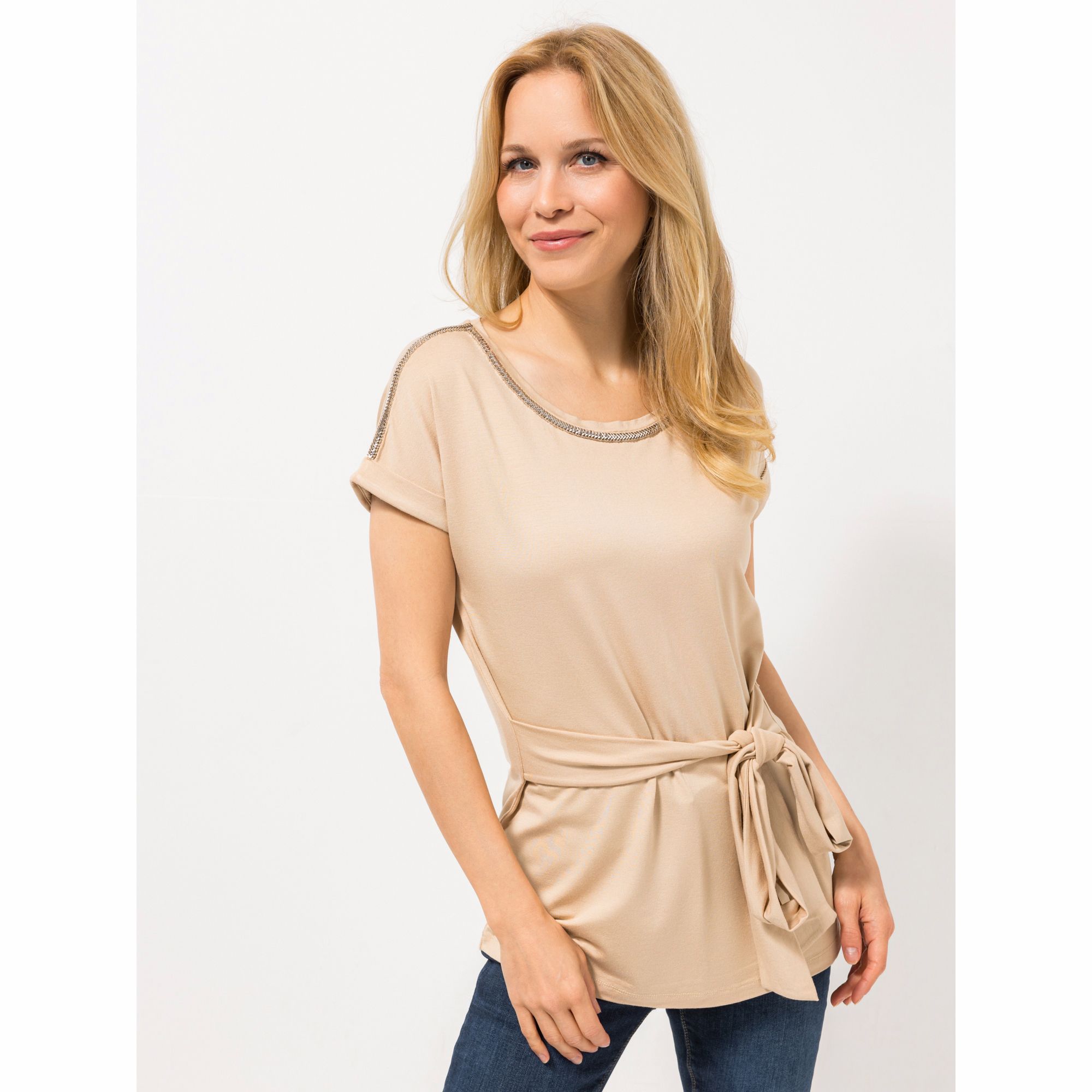 VIA MILANO Shirt, 1/2-Arm Rundhalsausschnitt Bindeband Schmuckdetails